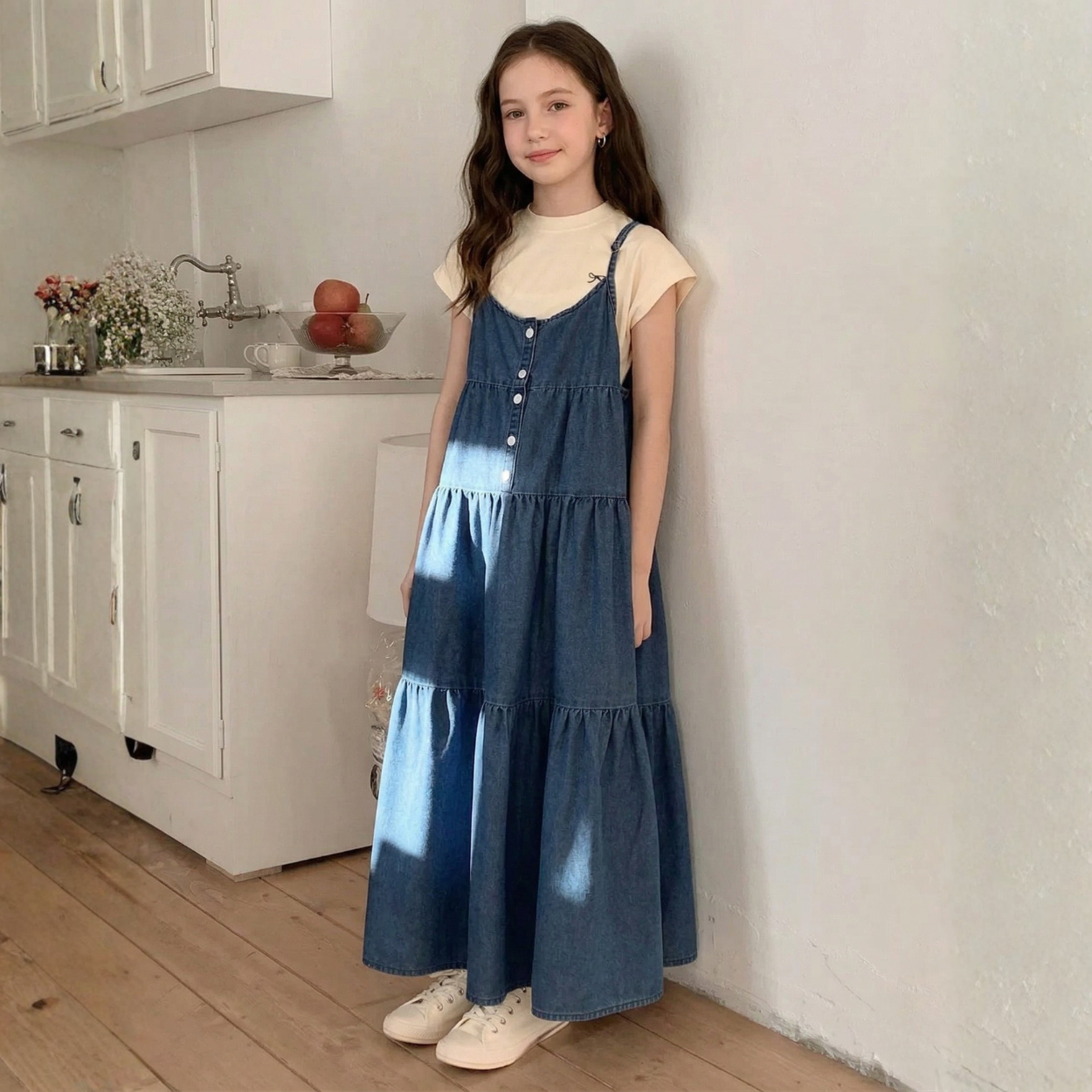 Girls Tiered Denim Pinafore Midi Dress