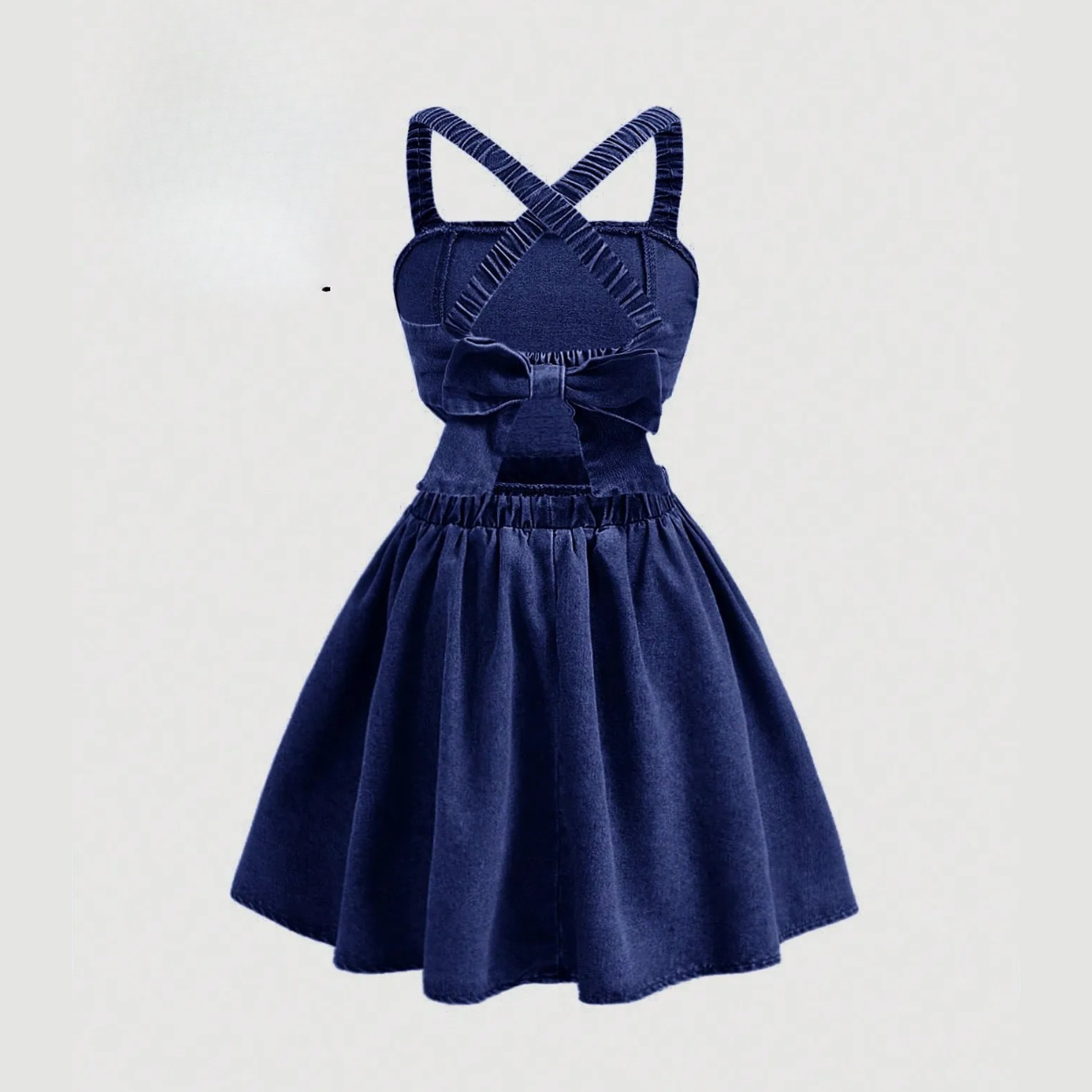 A Line Denim Cross Back Dress With Bowknot And Spaghetti Straps For Girls