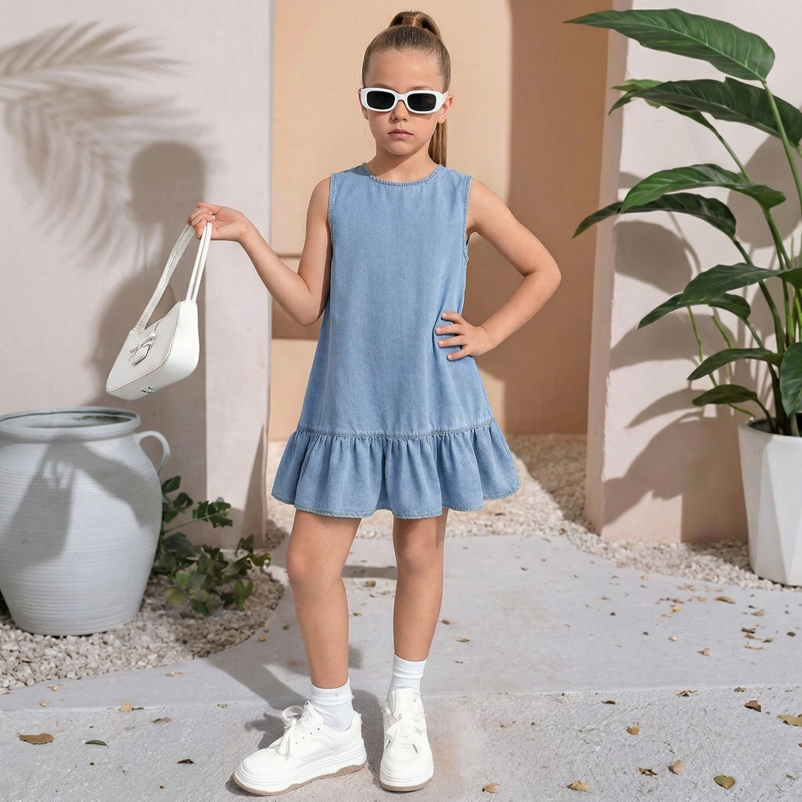 Sleeveless Denim Dress With Button Detail And Ruffle Hem Style For Girls