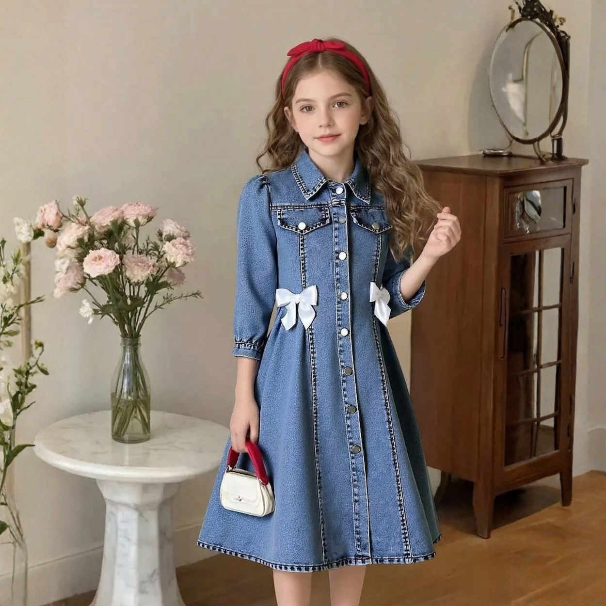 Tween Girls A Line Denim Shirt Dress With Puff Sleeves And Bow Details