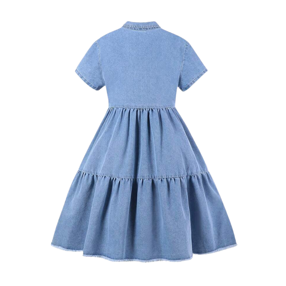 Casual Denim Dress With Short Sleeve And Button Detail For Girls