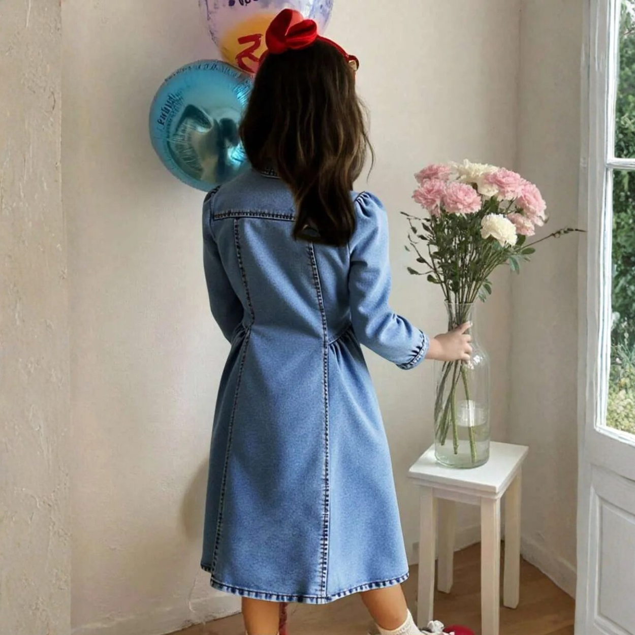 Tween Girls A Line Denim Shirt Dress With Puff Sleeves And Bow Details