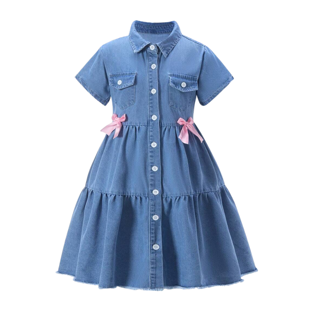 Casual Denim Dress With Short Sleeve And Button Detail For Girls