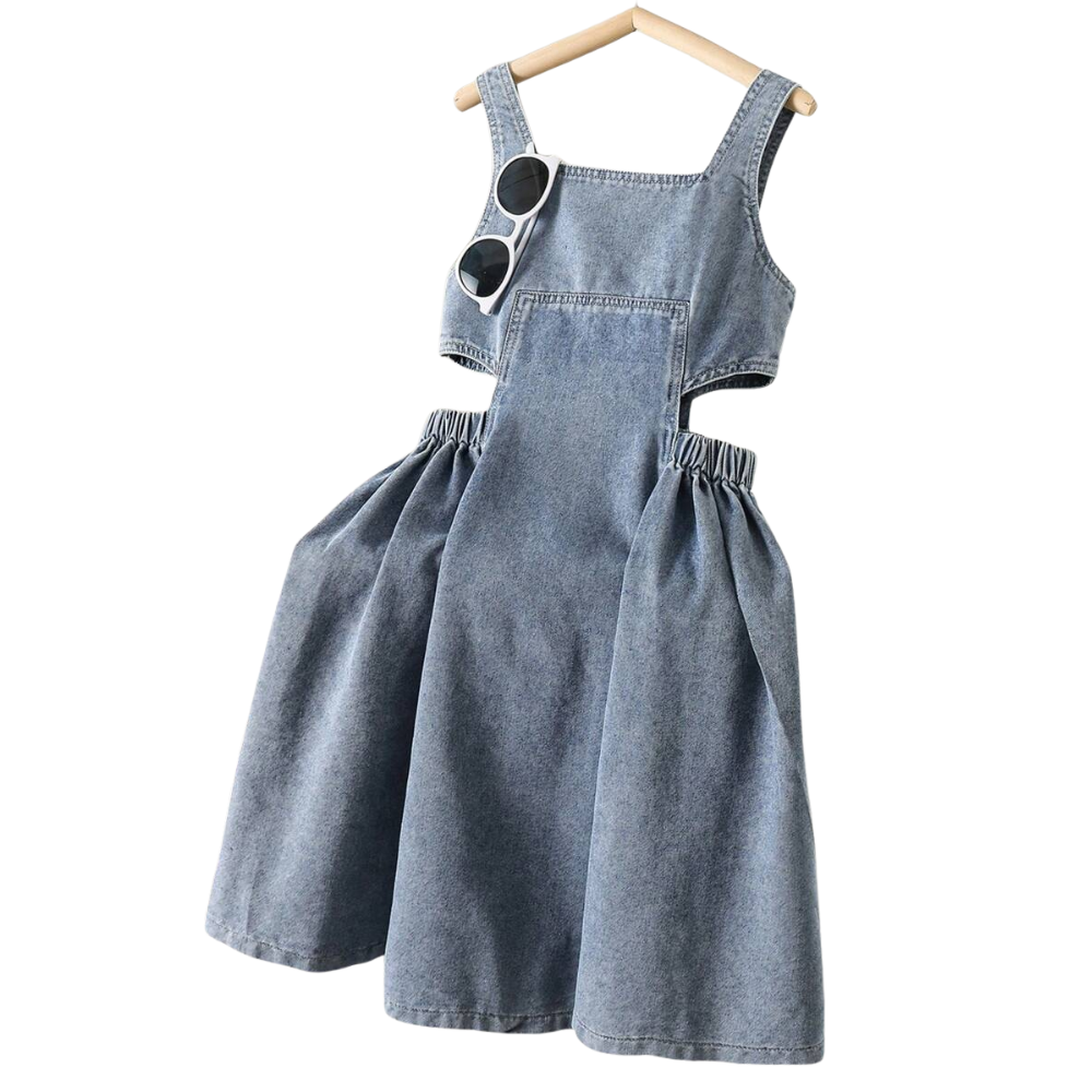Denim Strap Princess Dress With Pocket And Flared Hem For Girls