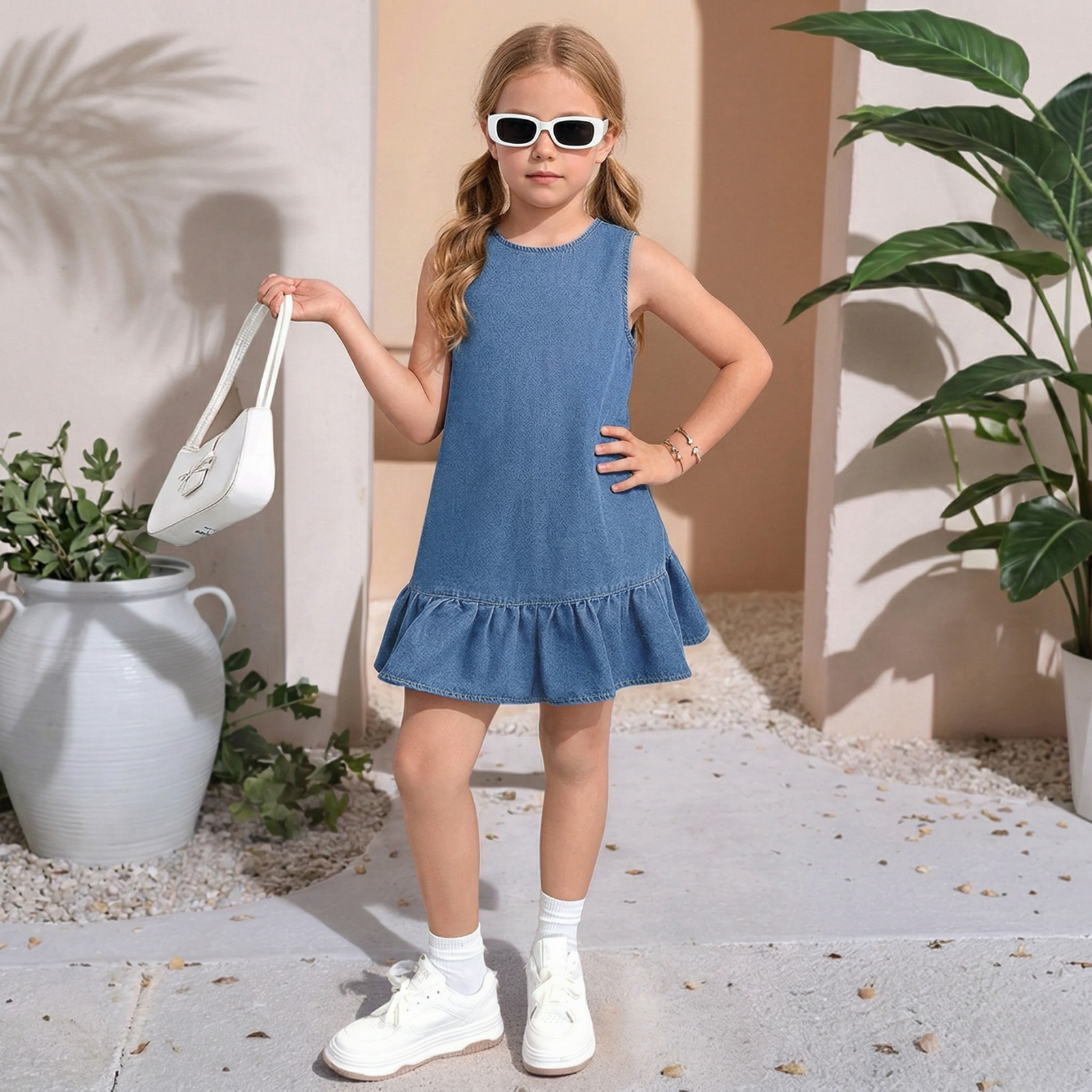 Sleeveless Denim Dress With Button Detail And Ruffle Hem Style For Girls