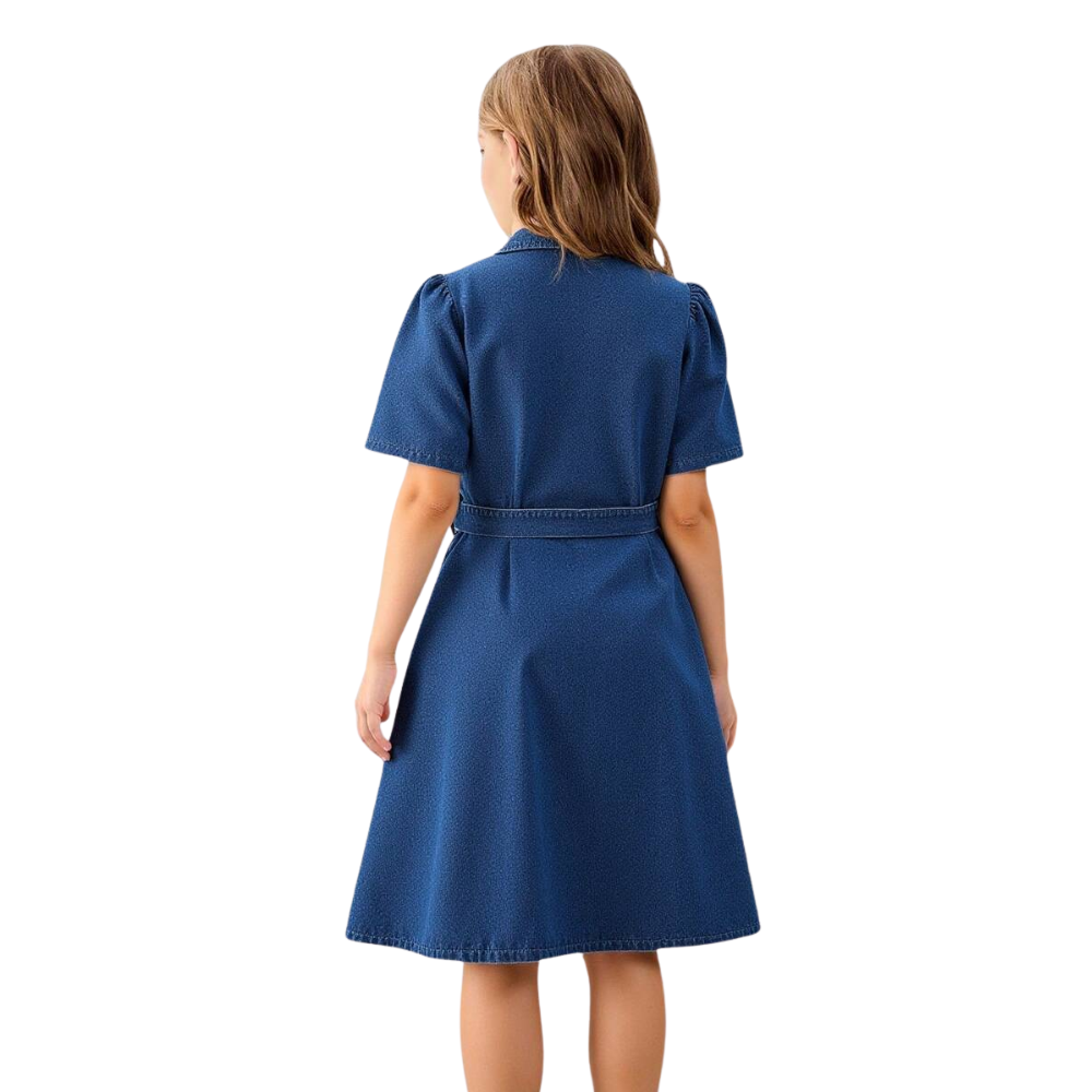 Denim Wrap Shirt Dress With Belt And Pleated Skirt For Girls