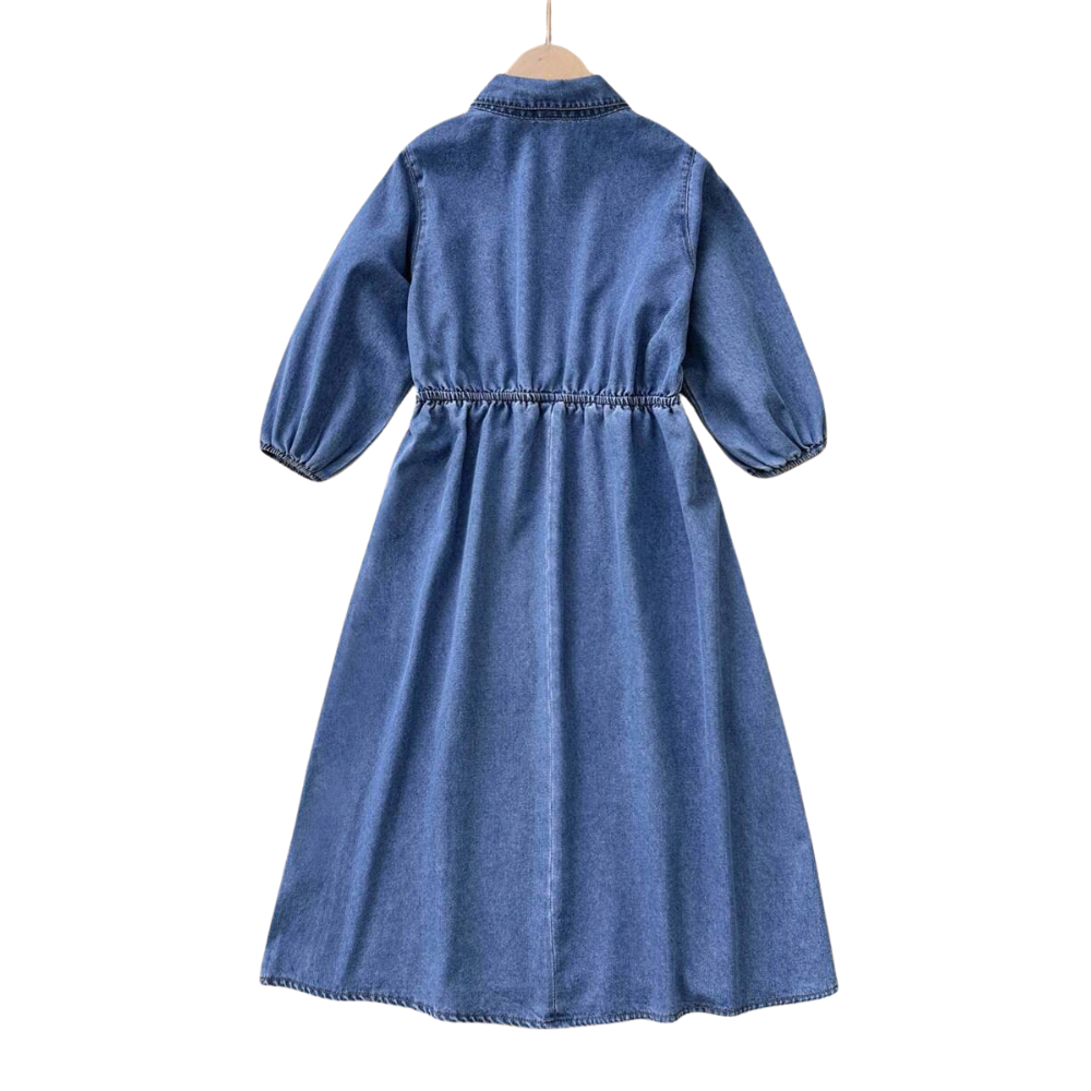 Denim A Line Shirt Dress With Puff Sleeves And Flared Hem For Girls