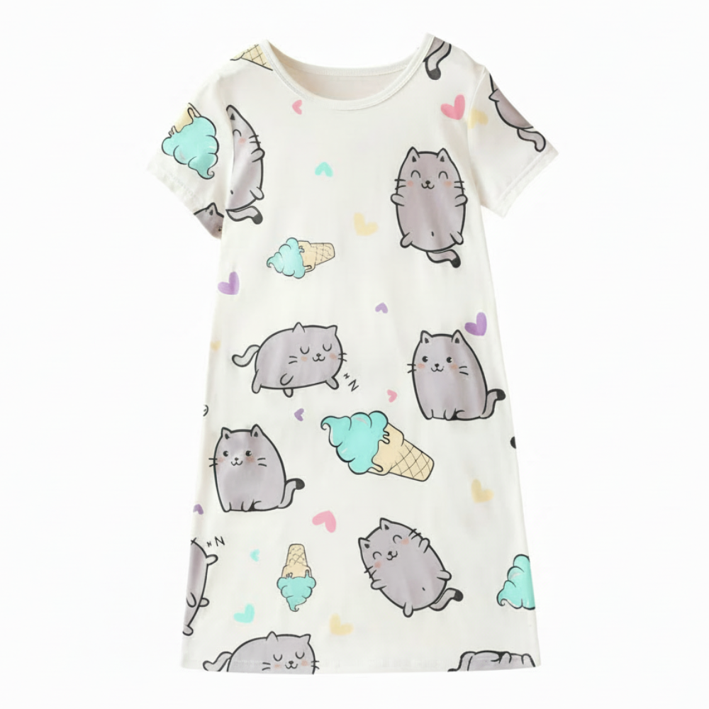 Short Sleeve Cartoon Printed Loose Sleepwear Dress For Girls
