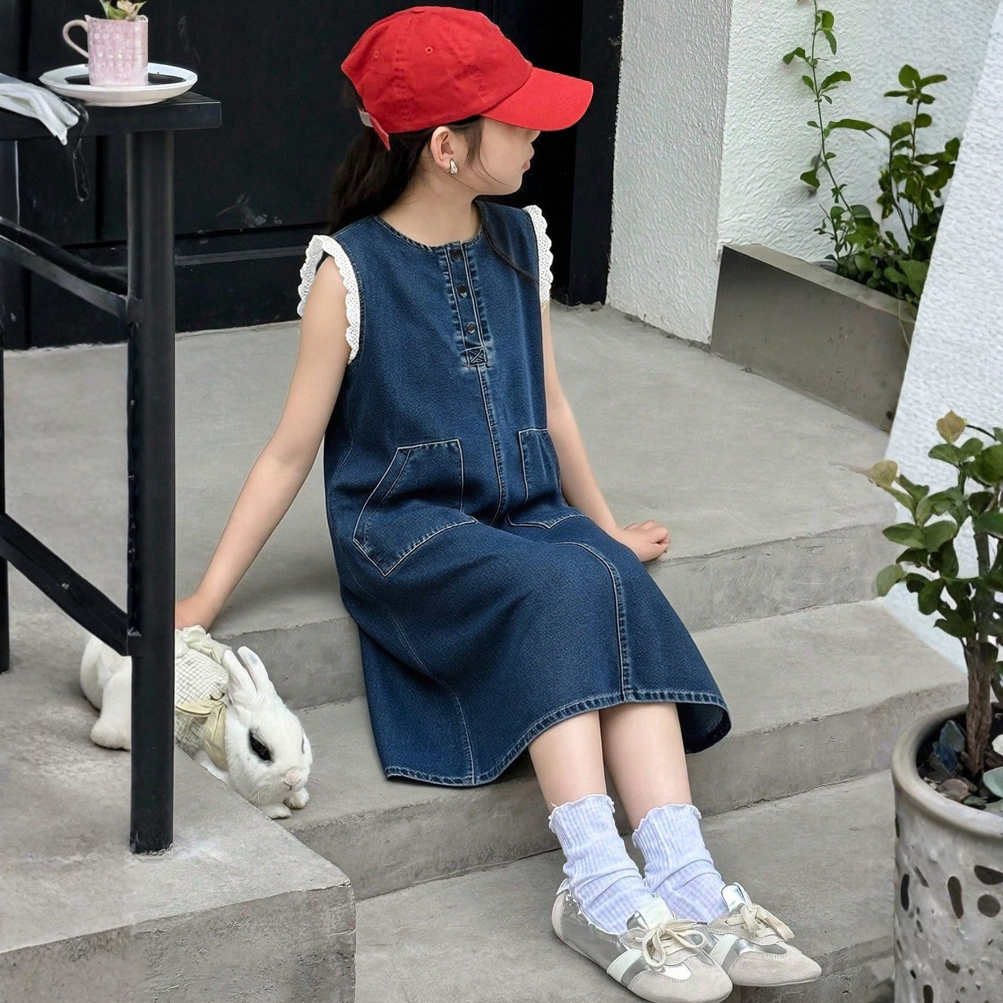 Tween Lace Patchwork Sleeveless Denim Midi Dress