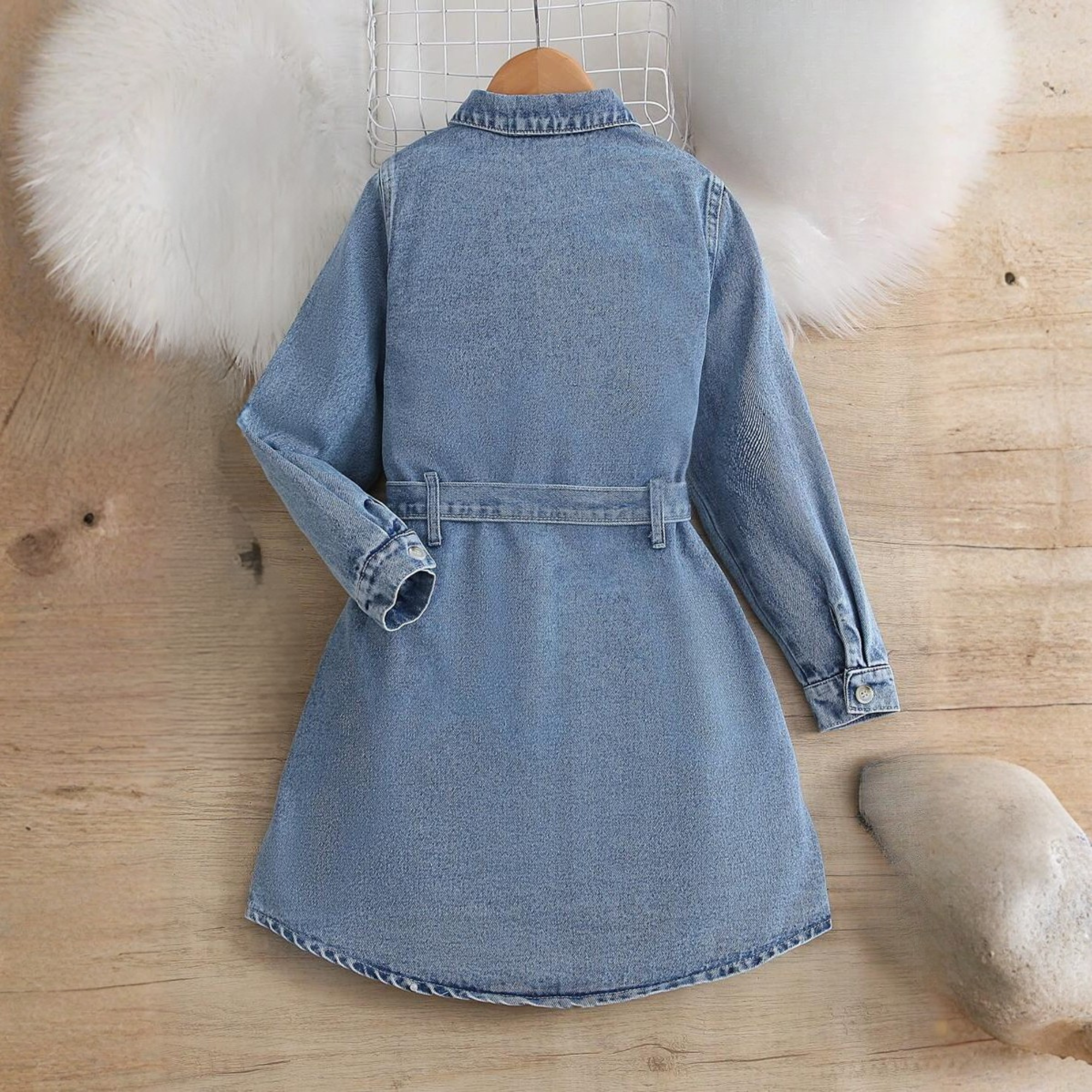 Denim Shirt Dress With Belt And Button Front For Girls