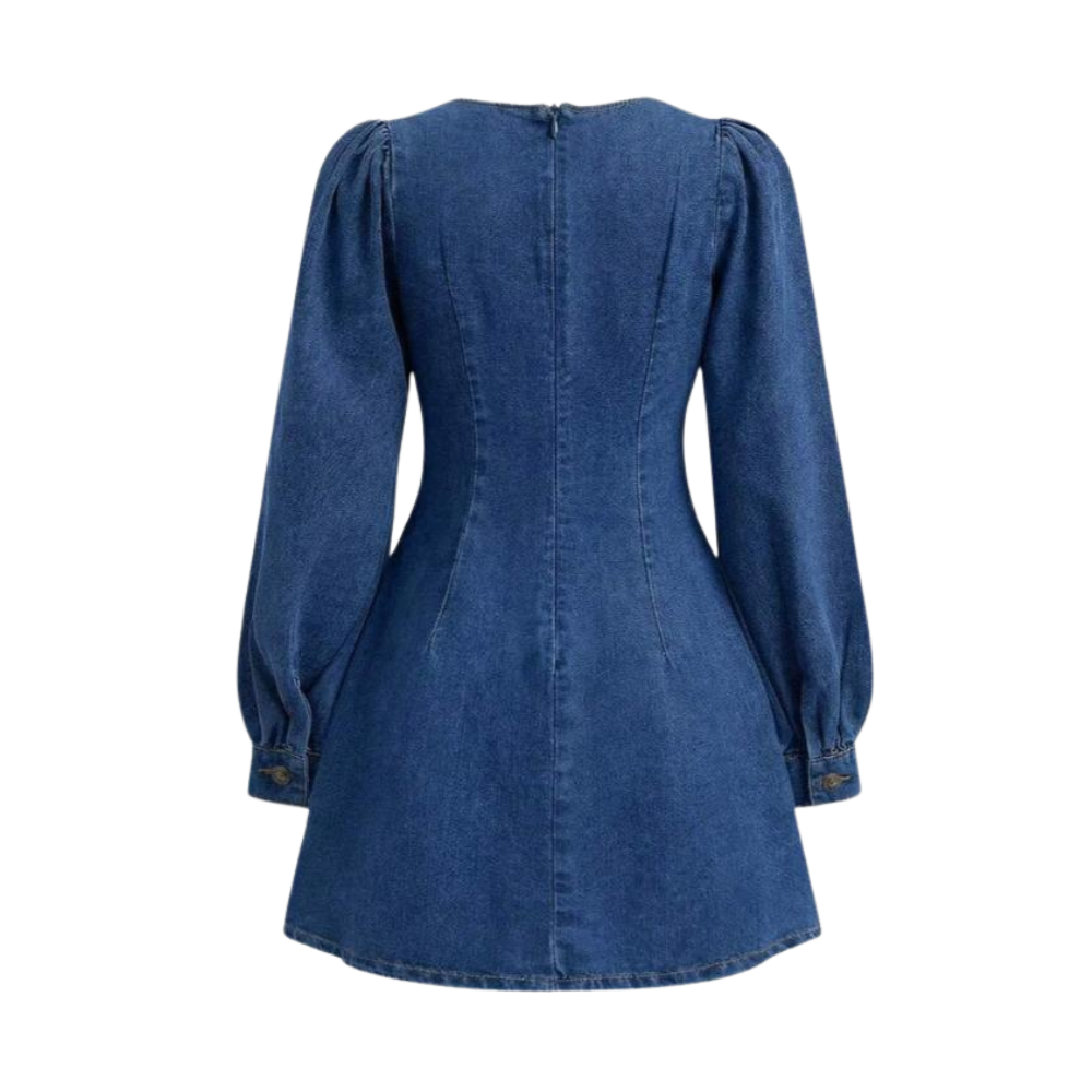 Vintage Style Denim Dress With Puff Sleeve And A Line Short Outfit For Girls