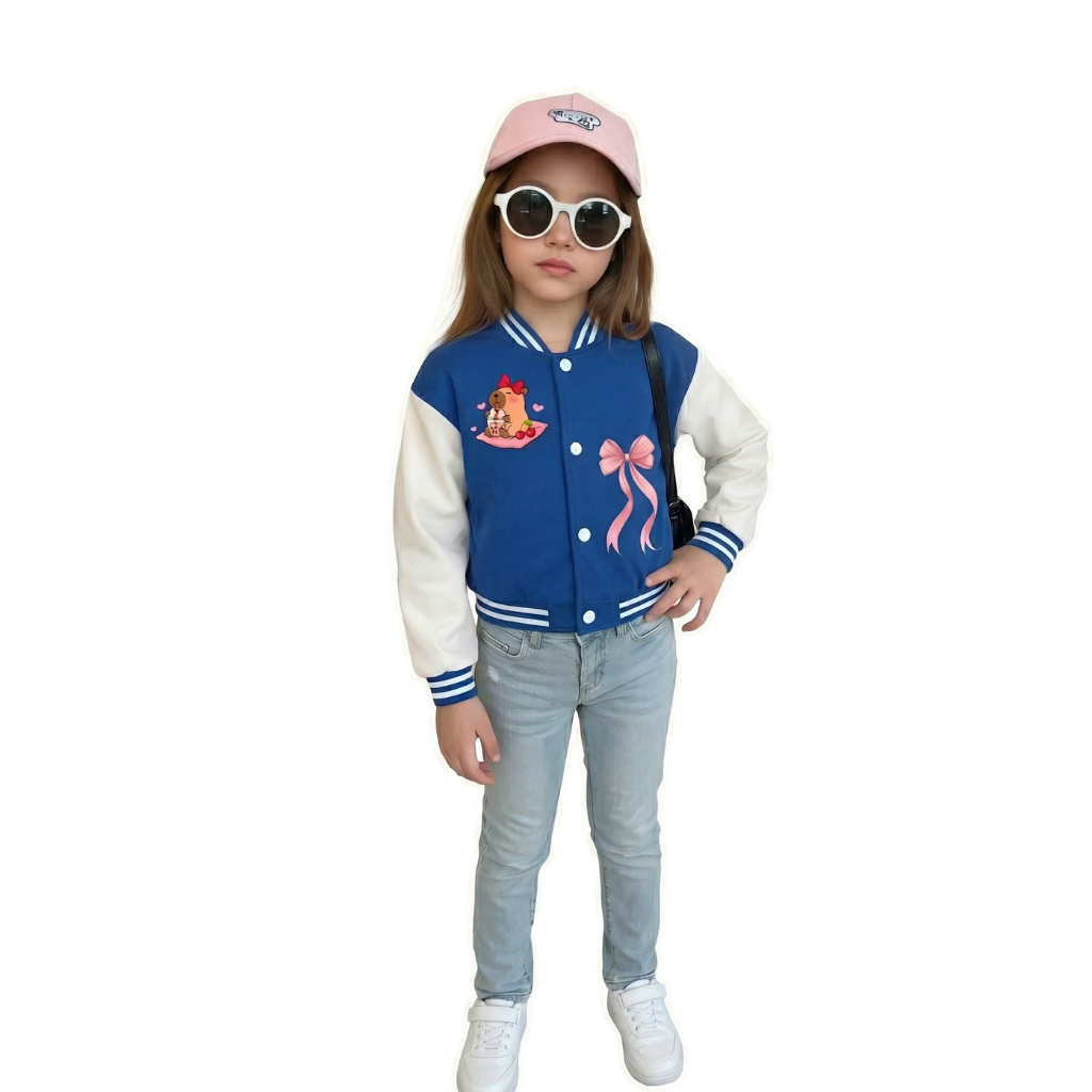 Kawaii Bear Drink Cartoon Printed Baseball Jacket For Girls