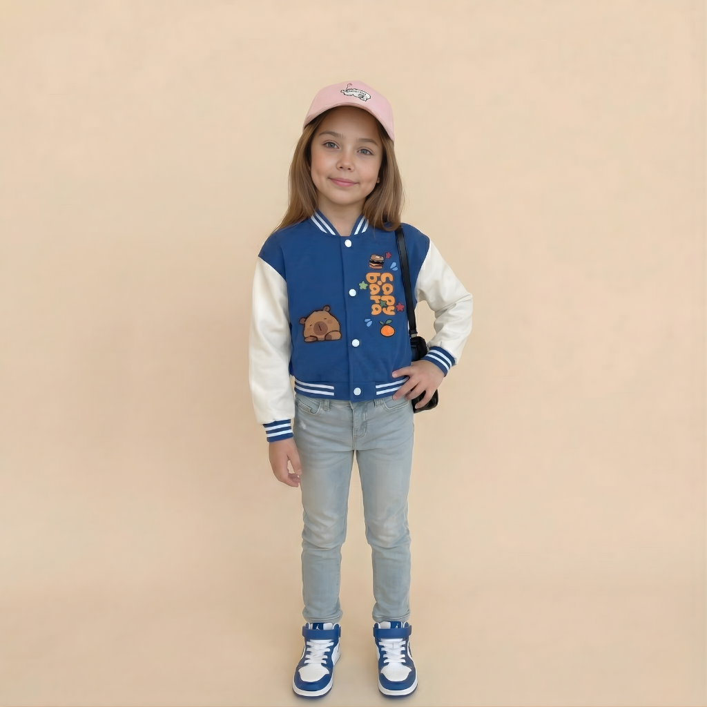 Bear Cartoon Printed Baseball Jacket With Snap Closure For Girls