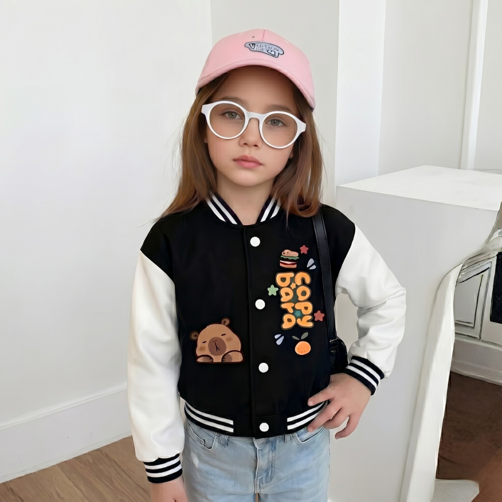 Bear Cartoon Printed Baseball Jacket With Snap Closure For Girls