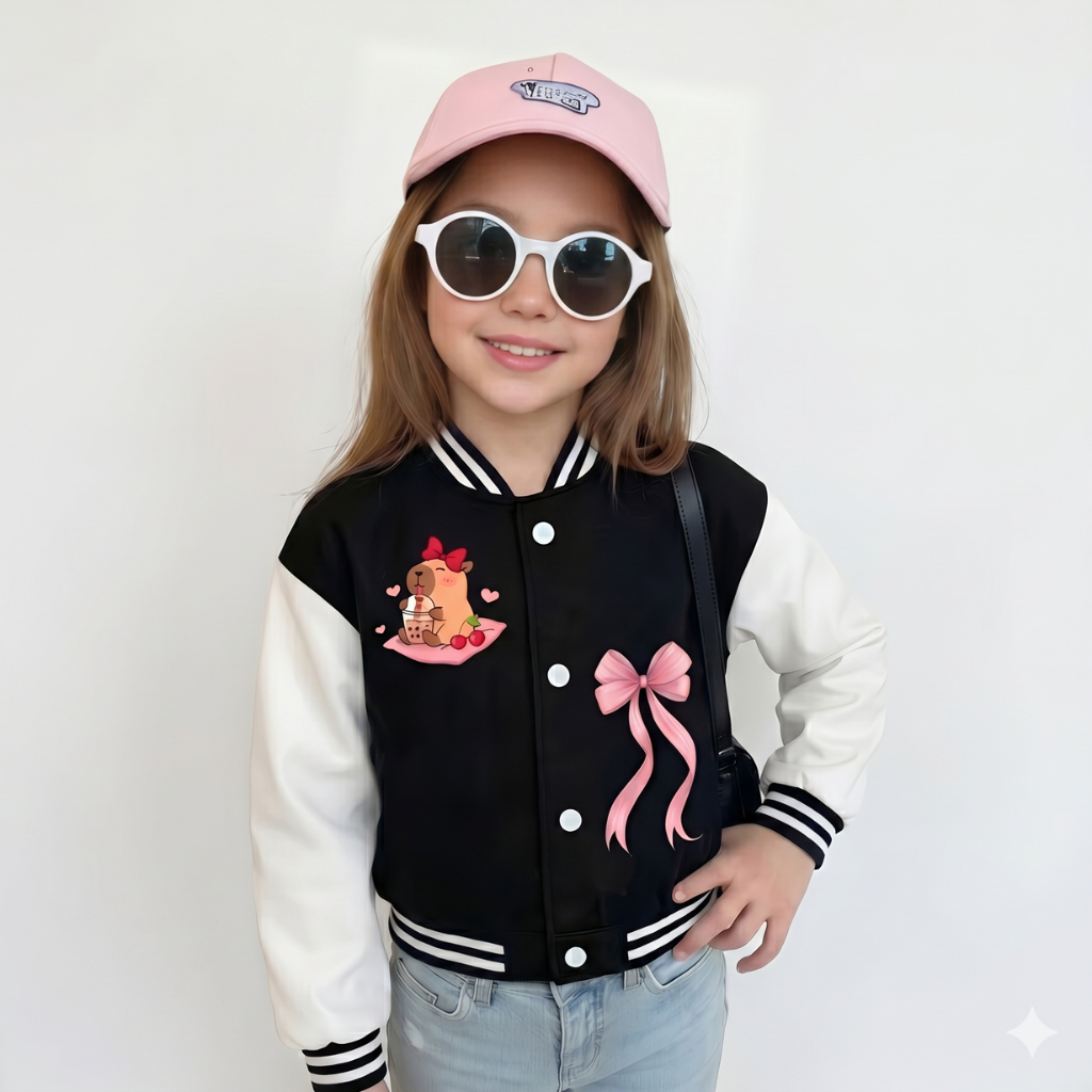 Kawaii Bear Drink Cartoon Printed Baseball Jacket For Girls