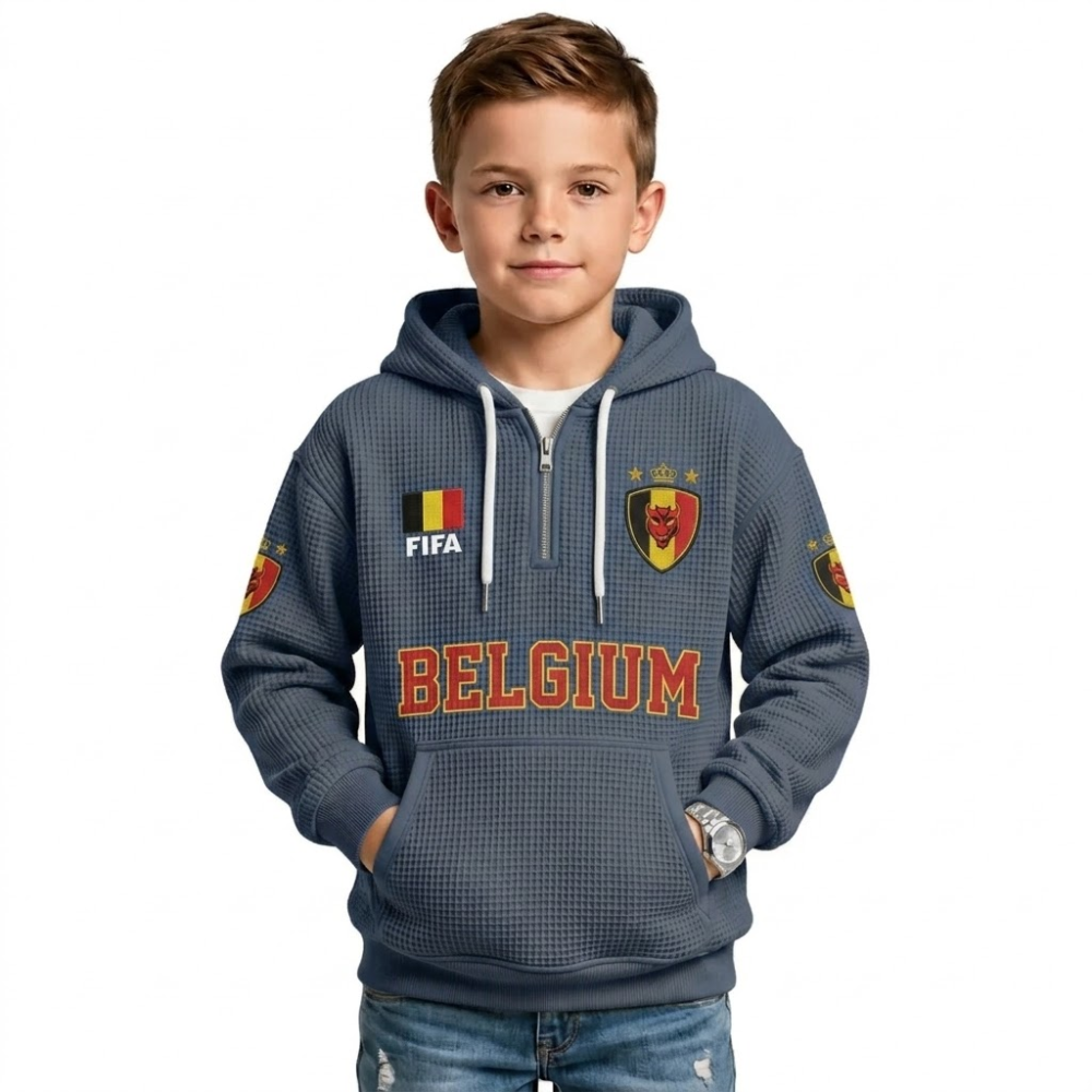 FIFA 2026 Belgium Printed Waffle Quarter Zip Football Fan Hoodie For Kids