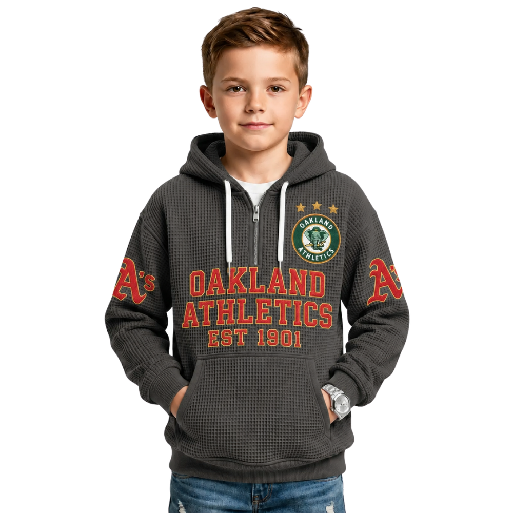 Oakland Athletics EST 1901 Printed Waffle Quarter Zip Baseball Fan Hoodie For Kids