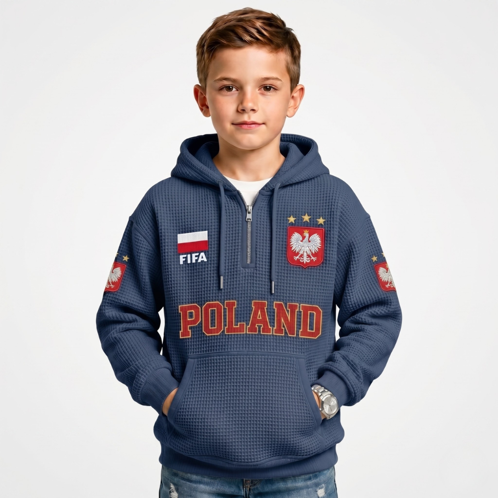 FIFA 2026 Poland Printed Waffle Quarter Zip Football Fan Hoodie For Kids