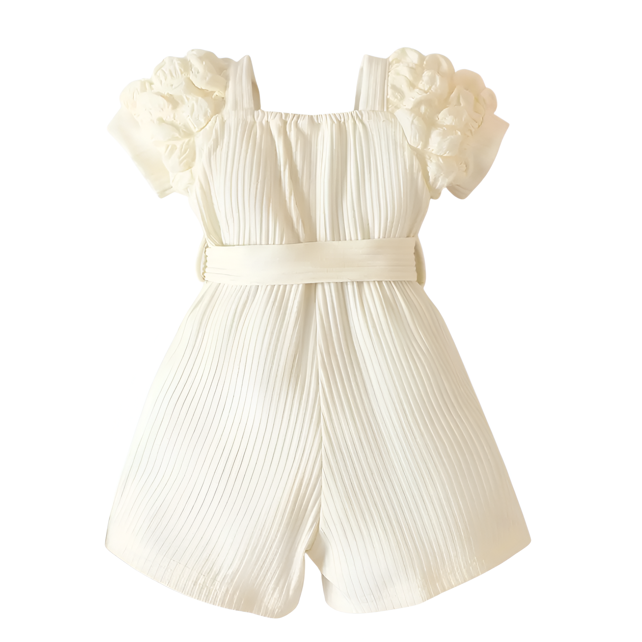 Bubble Sleeve Romper With Adjustable Bow Belt