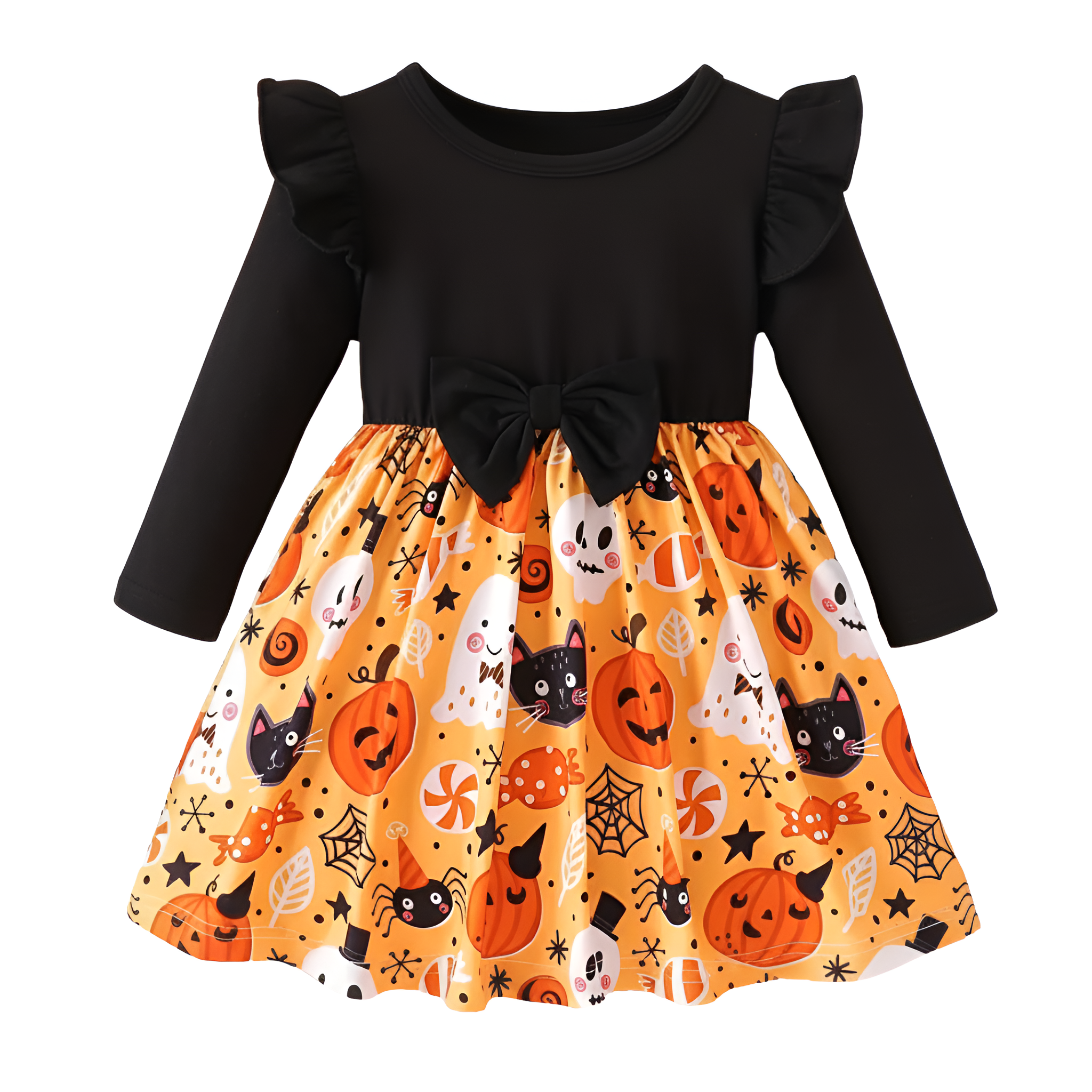  Girls Round Neck Flutter Sleeve Cartoon Print Dress