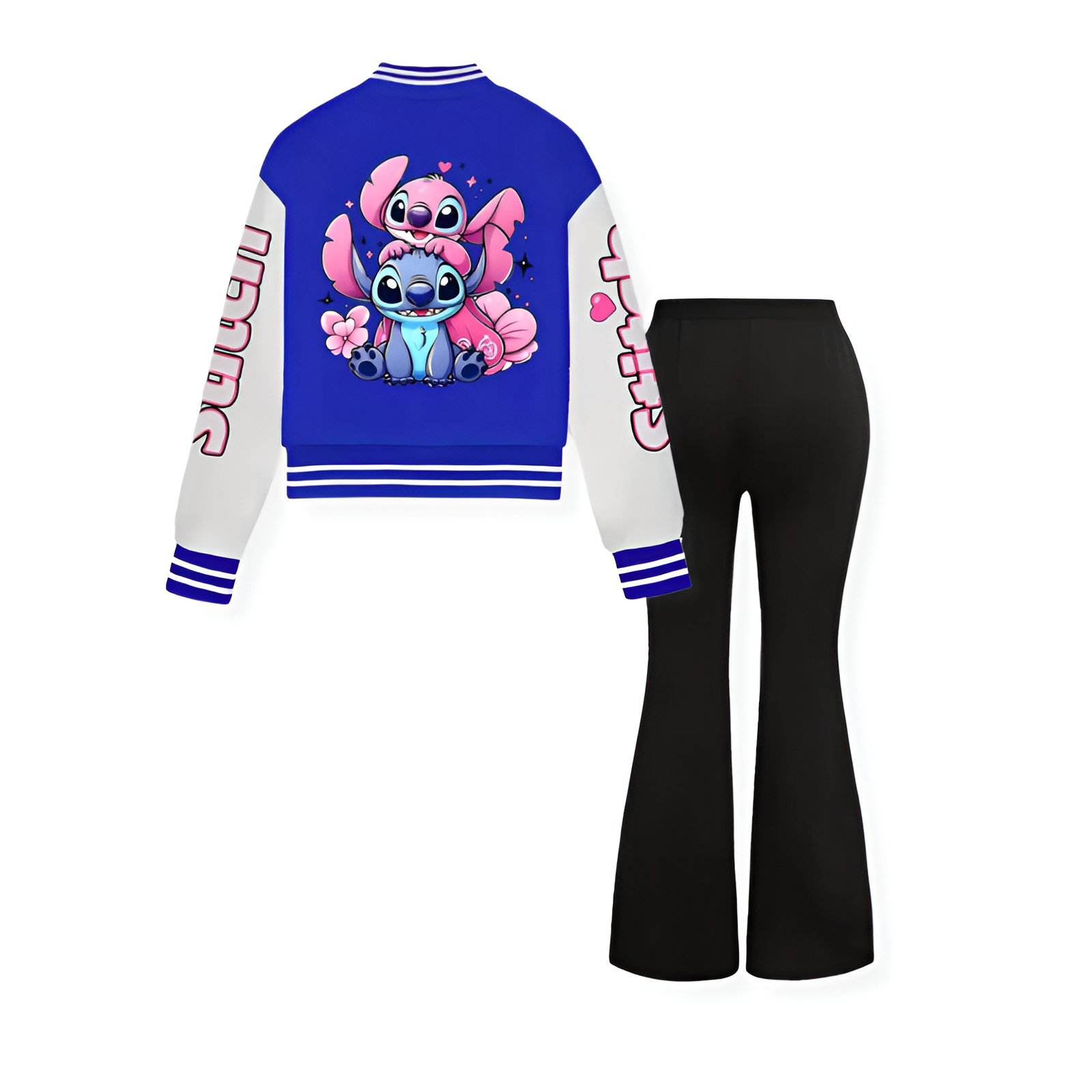 Stitch Floral Print Girls Baseball Jacket And Bell Bottom Pants 2 Piece Set