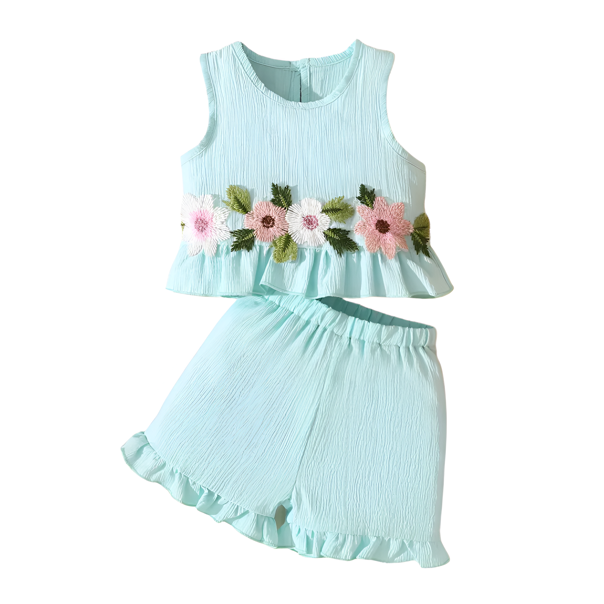 Sleeveless Top with Floral Embroidery And Ruffle Shorts