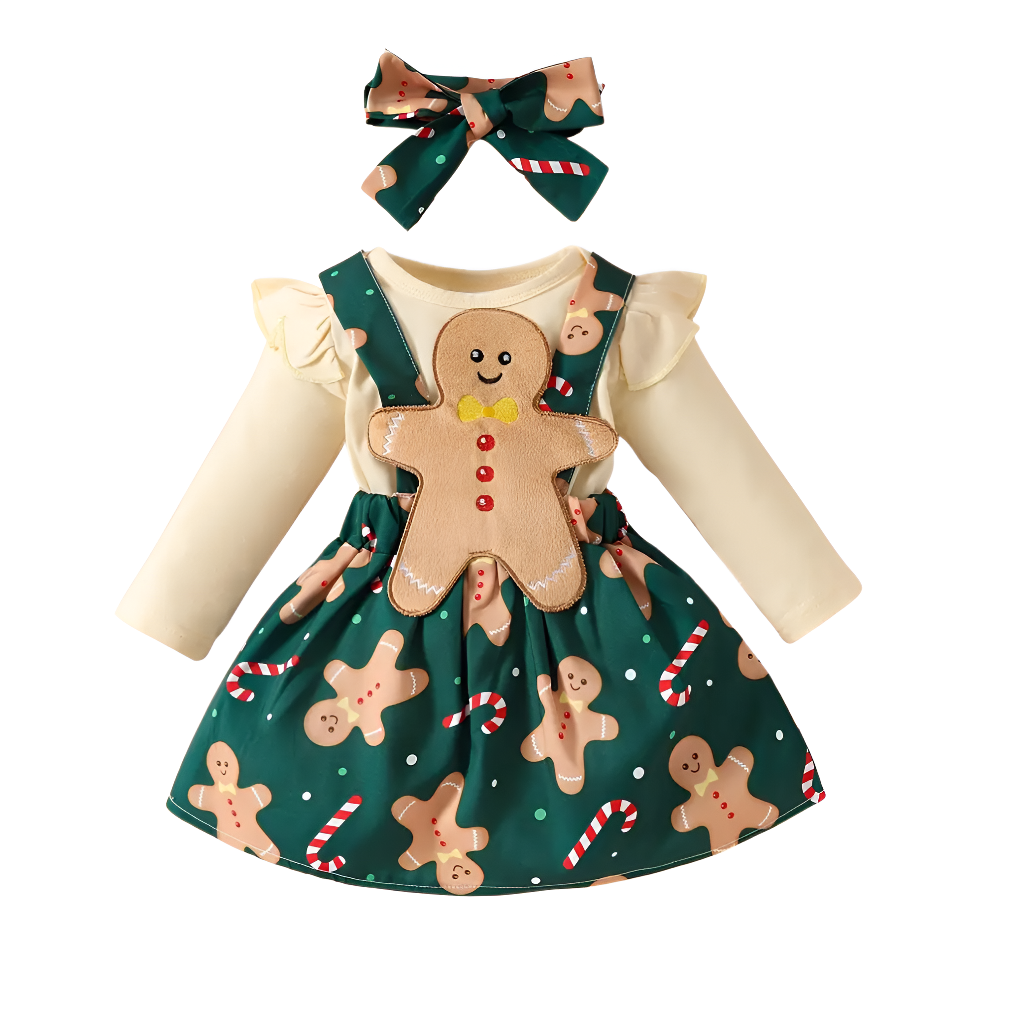 3 Piece Christmas Outfit Long Sleeve Onesie With Suspenders And Hair Tie For Girl