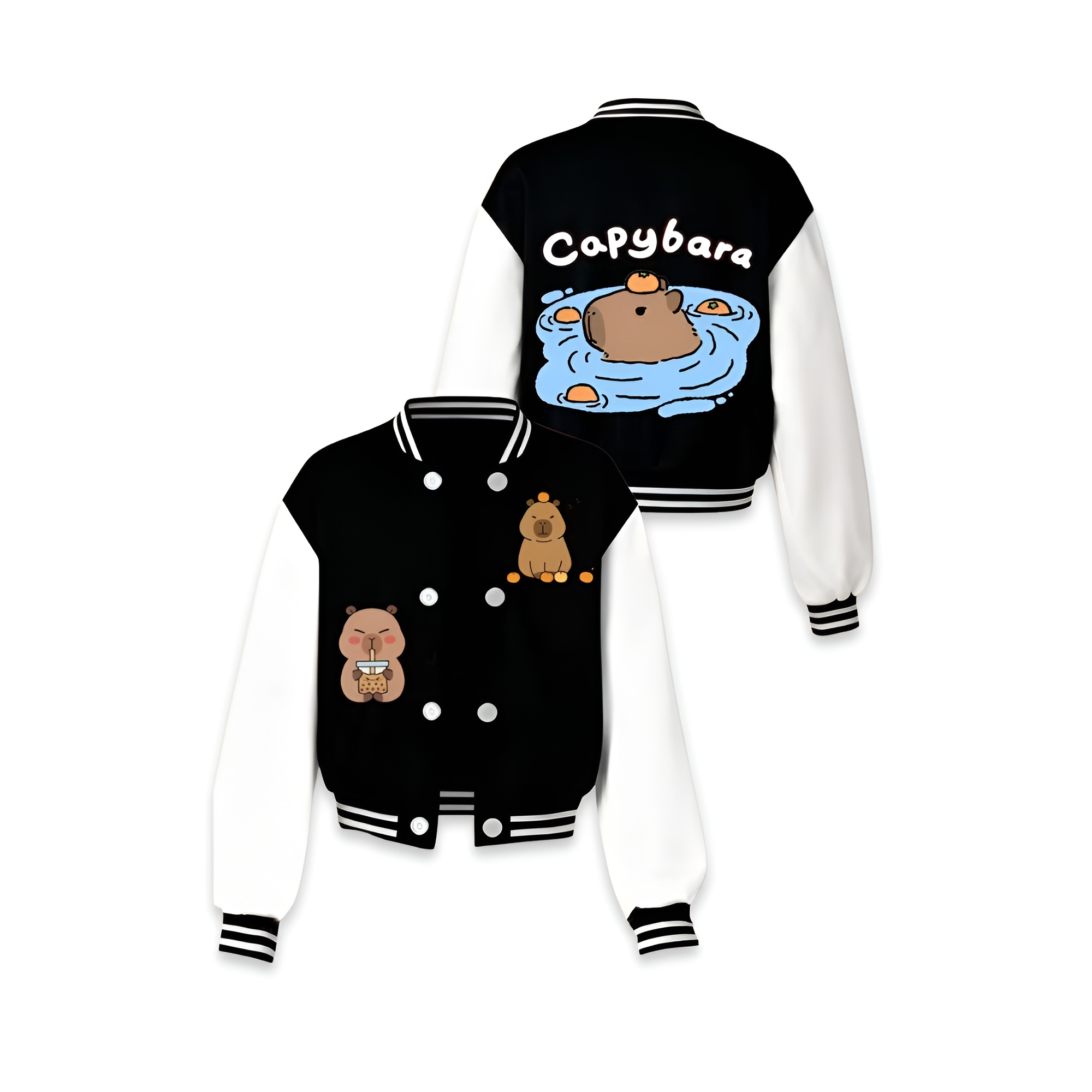 Capybara Family Print Baseball Jacket With Snap Closure And Casual Style For Girls