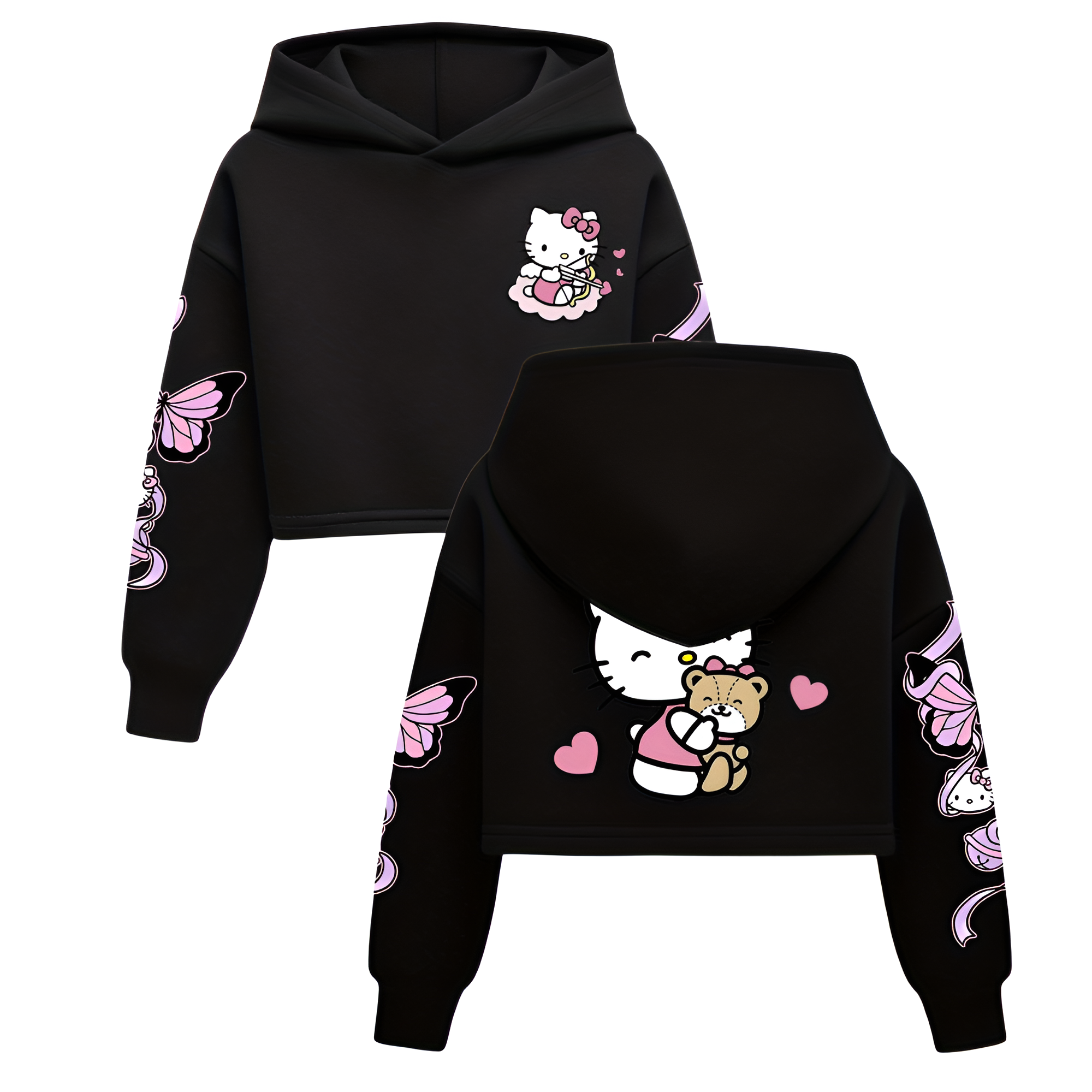 Hello Kitty Cartoon Print Hooded Sweatshirt For Girls Winter Wear