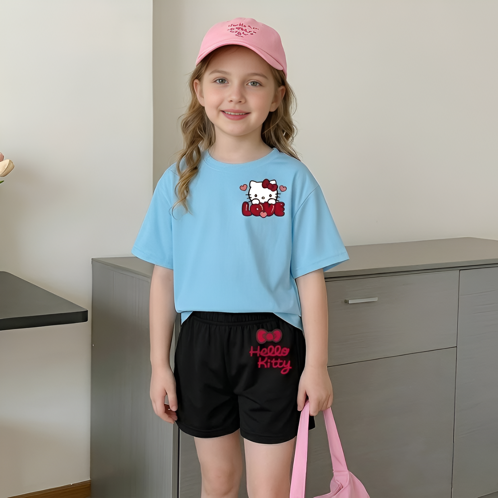 Hello Kitty Double Sided Print Mesh T Shirt And Shorts Set For Girls