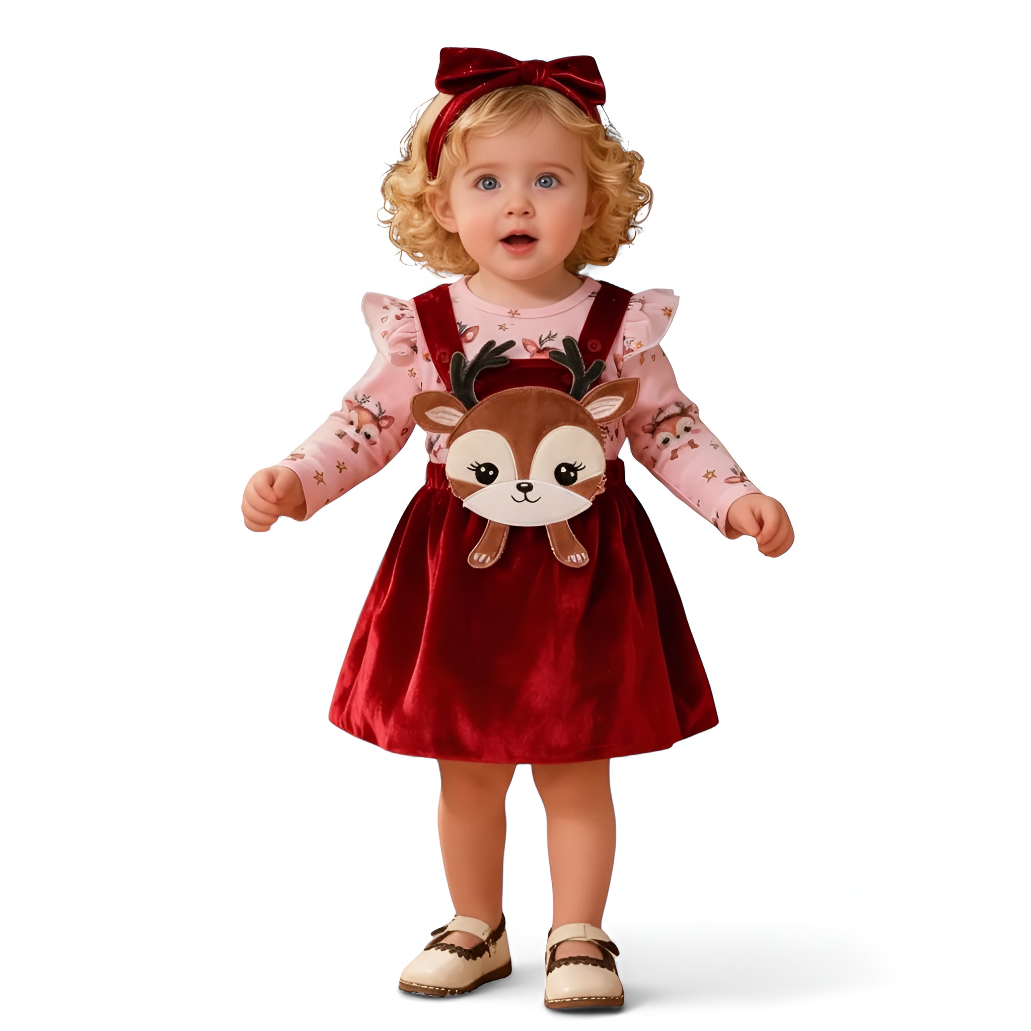 Cute Baby Girl Christmas Deer Print Long Sleeve Bodysuit