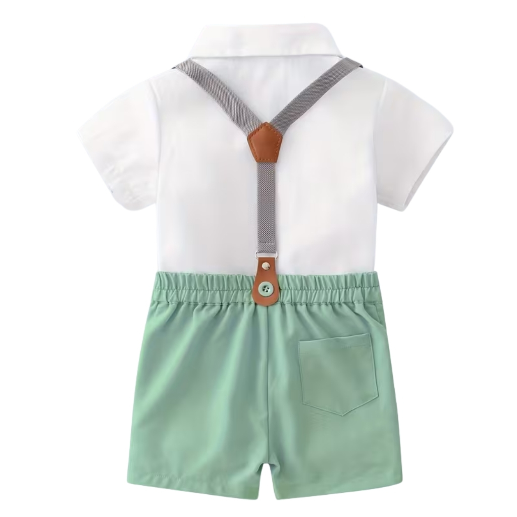 2 Piece Of Gentleman Outfit With Bow Tie Shirt And Suspender Shorts Set For Boys
