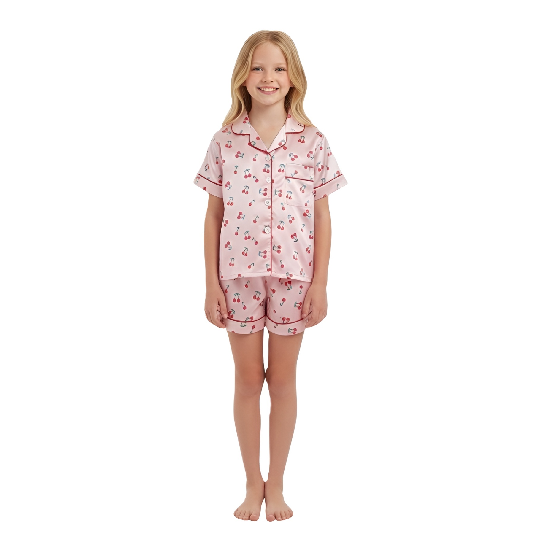 2 Piece Pajama Set With Cherry Print Top And Shorts For Girls
