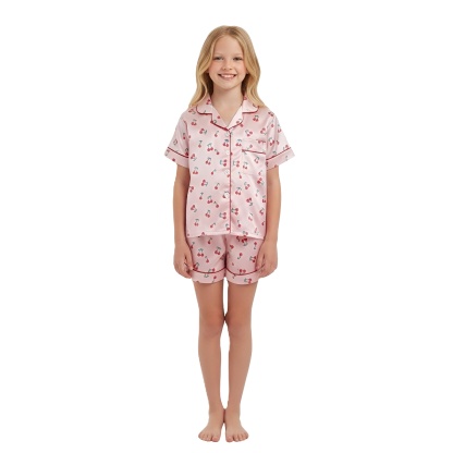 2 Piece Pajama Set With Cherry Print Top And Shorts For Girls