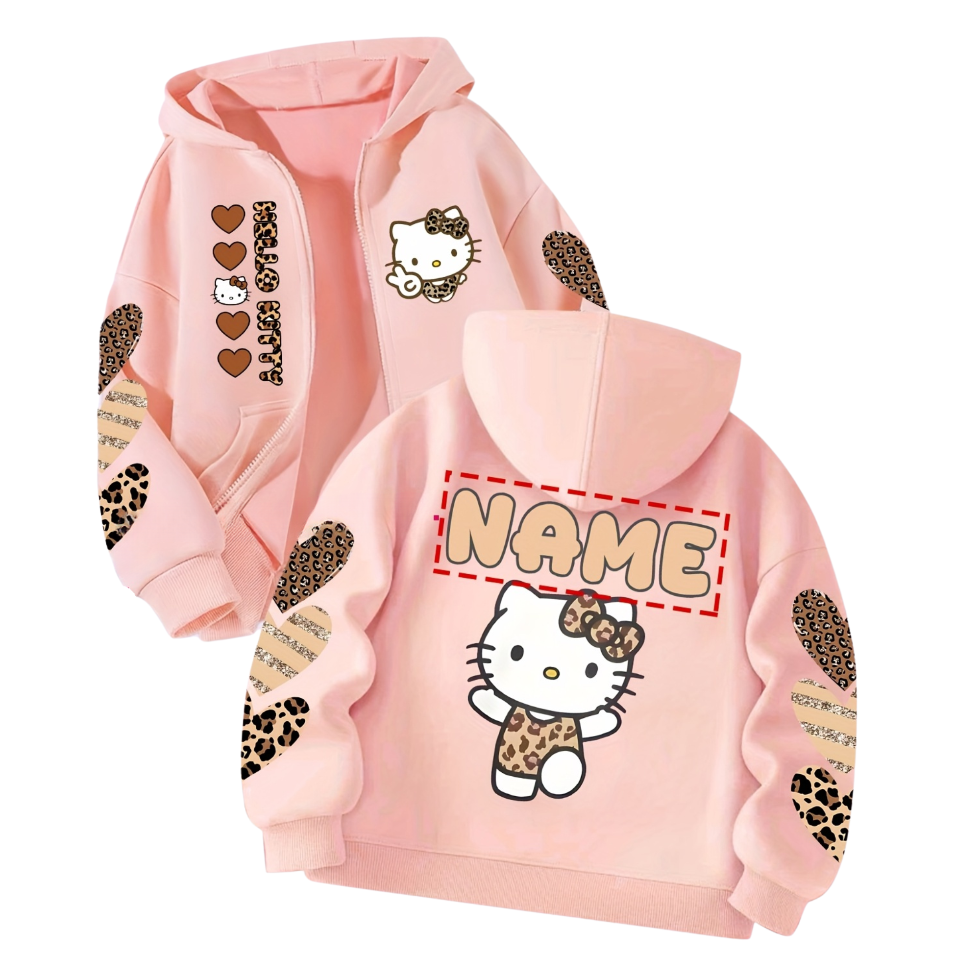 Cardigan Hoodie Features a Cute Leopard Print with Double-Sided Fun Prints of Hello Kitty