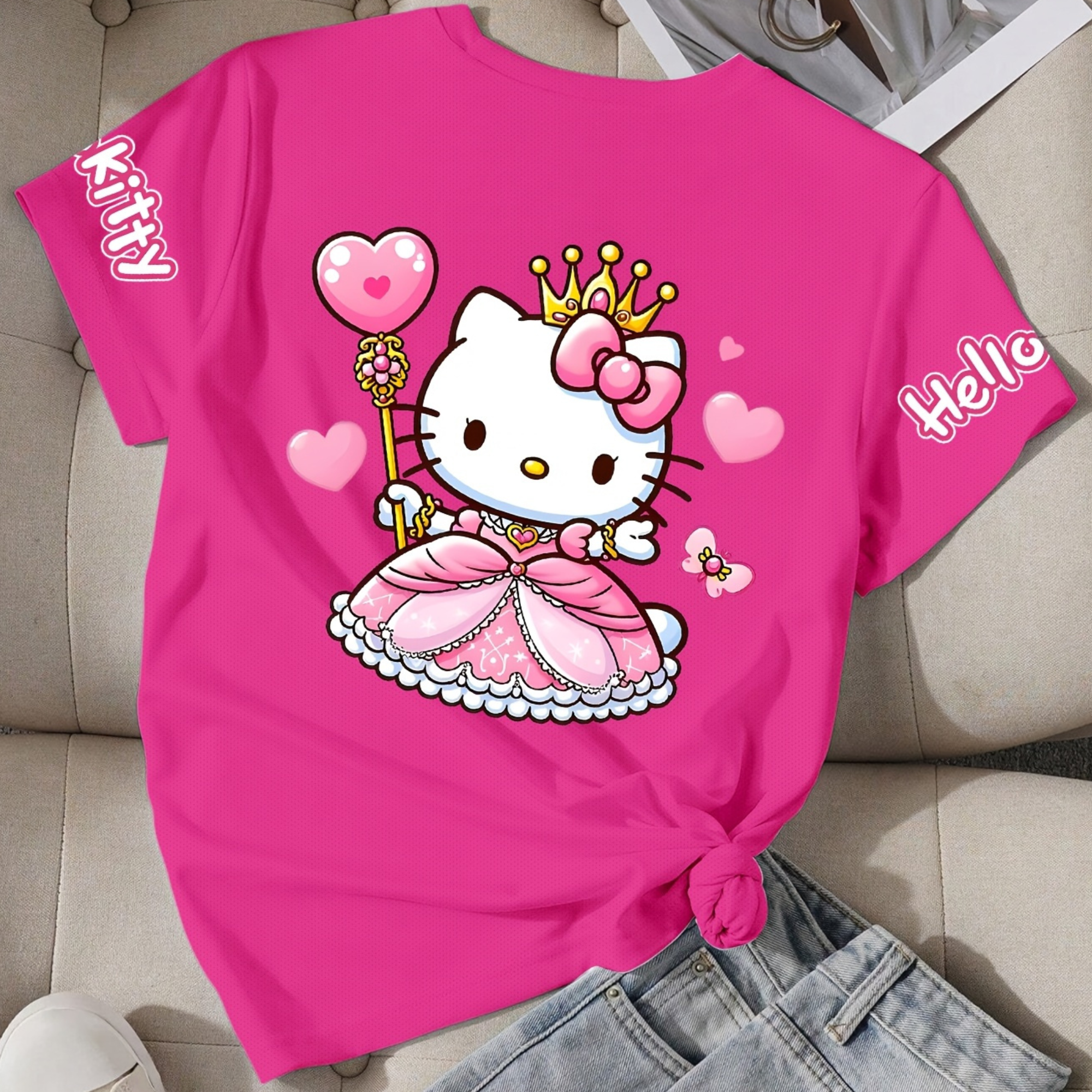 Casual Short Sleeved T Shirt With Hello Kitty Printed For Girls 