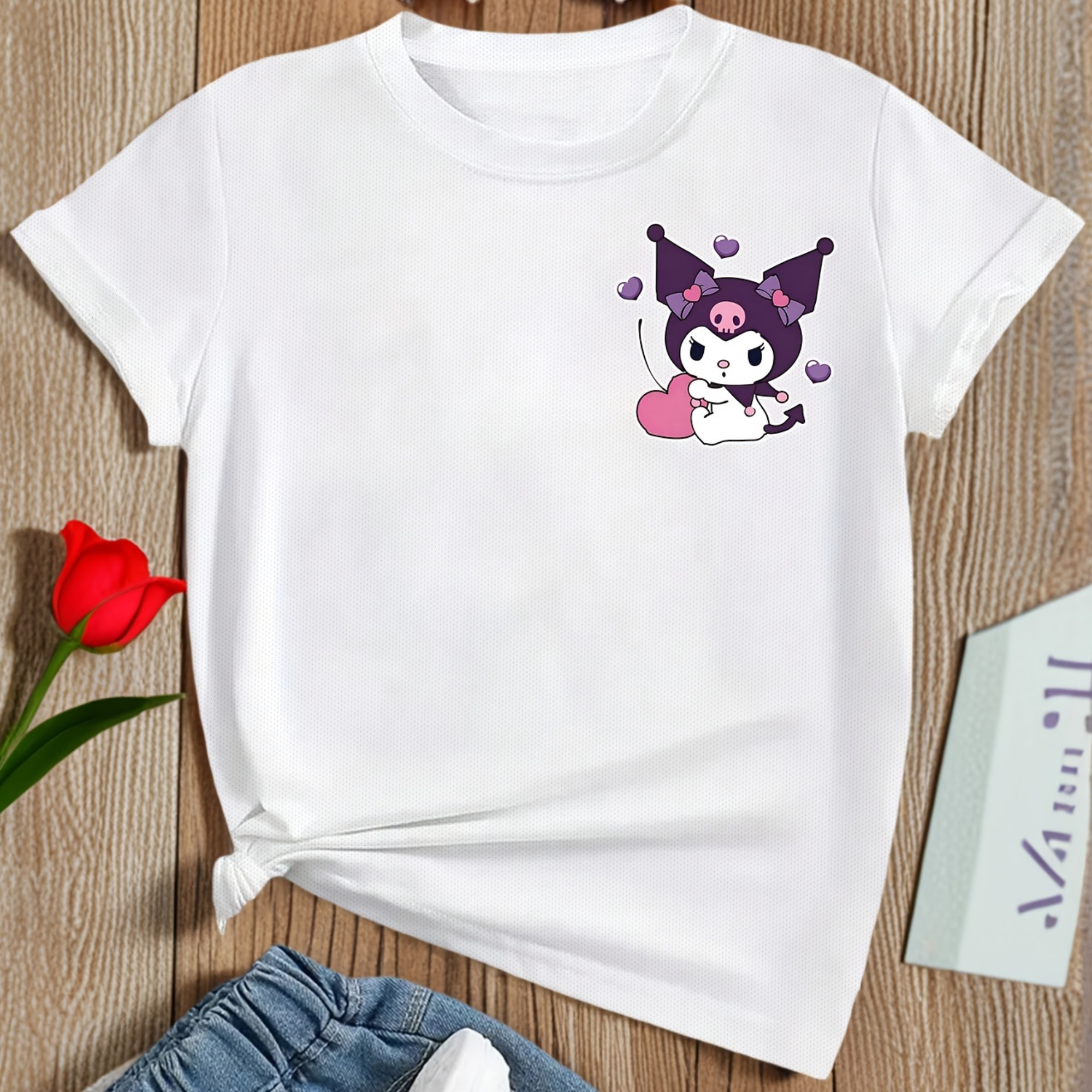 Mesh Short Sleeve T Shirt With Double Sided Kuromi Printed For Girls