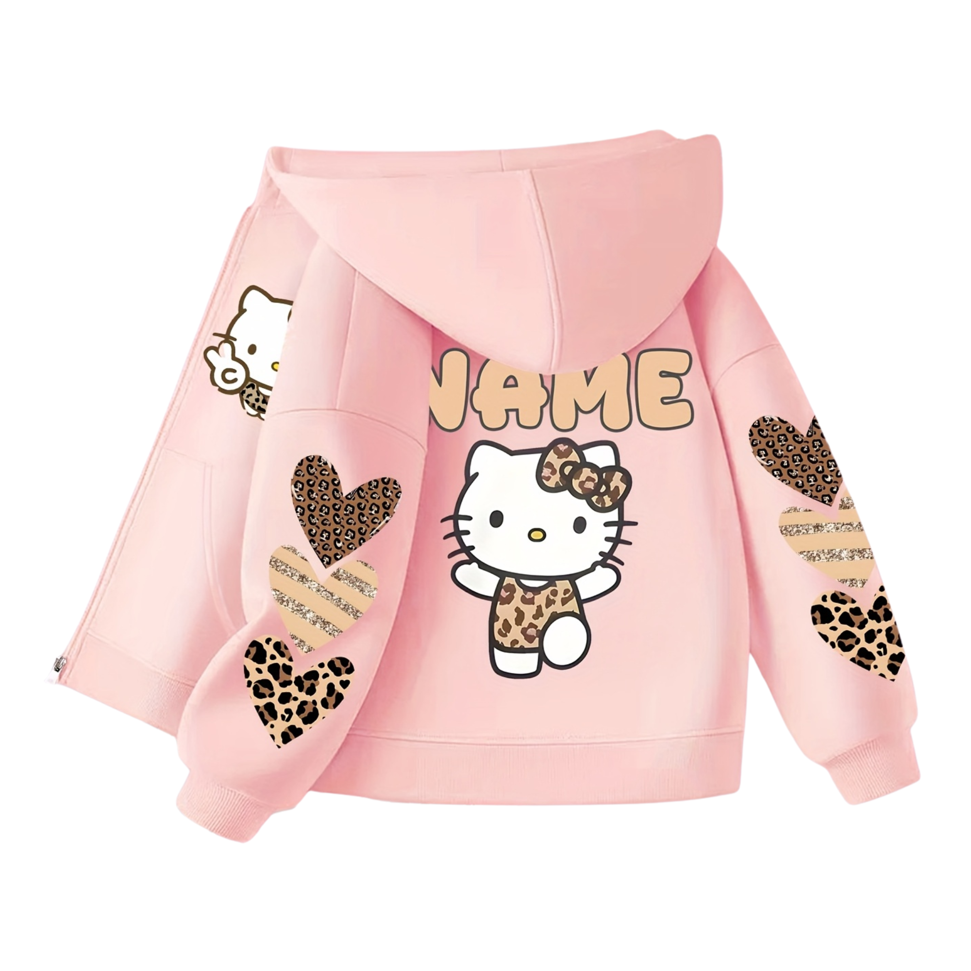  Cardigan Hoodie Features a Cute Leopard Print with Double-Sided Fun Prints of Hello Kitty