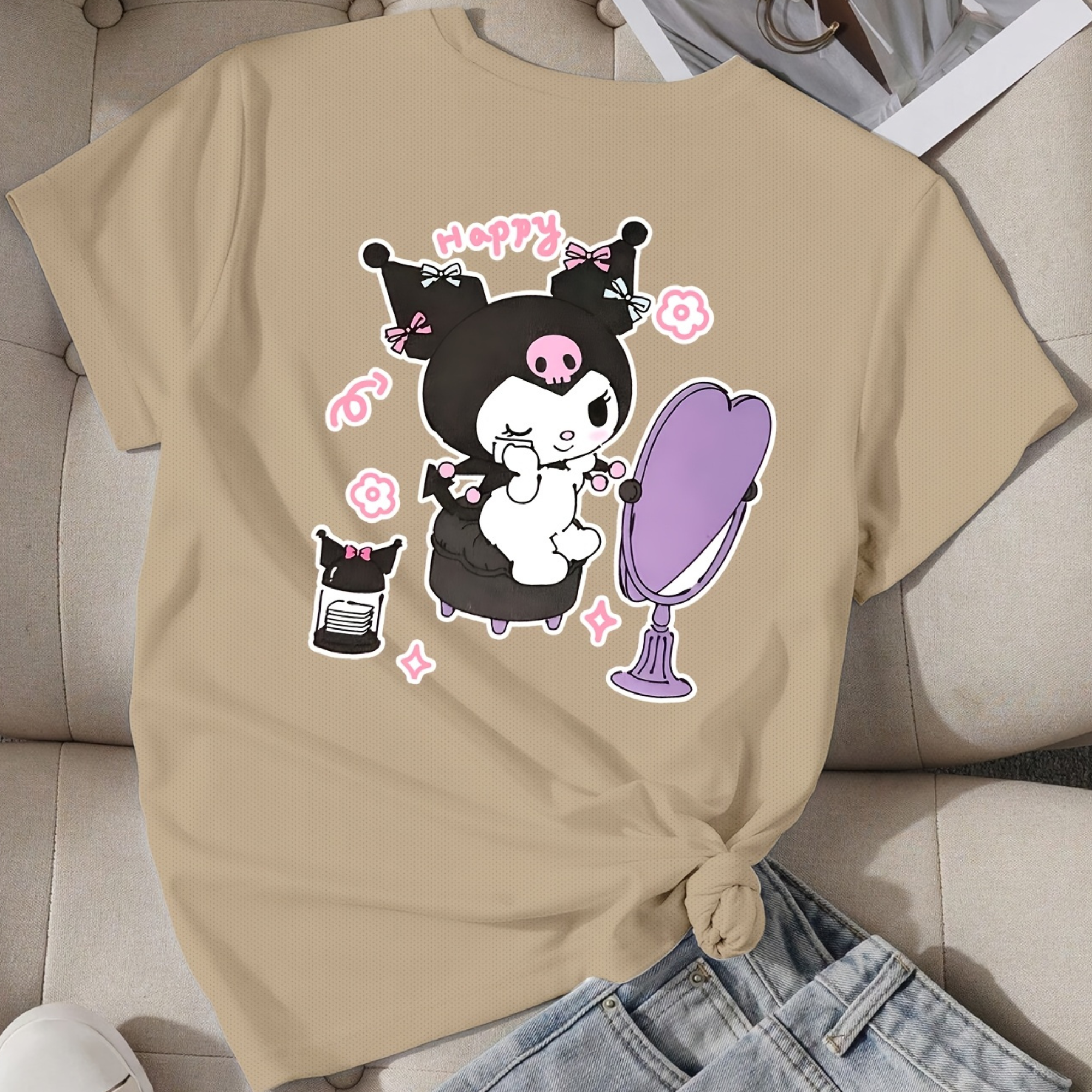 Mesh Short Sleeve T Shirt With Double Sided Kuromi Printed For Girls