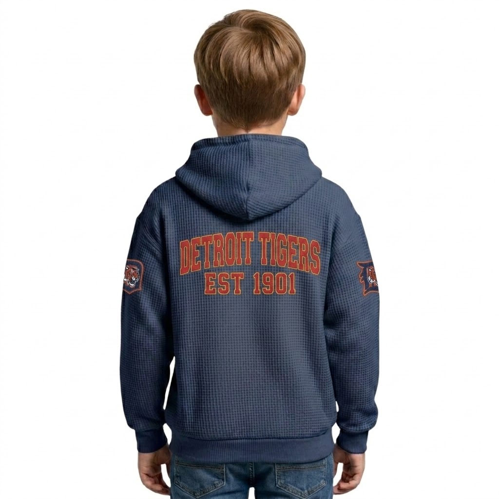 Detroit Tigers EST 1901 Printed Waffle Quarter Zip Baseball Fan Hoodie For Kids