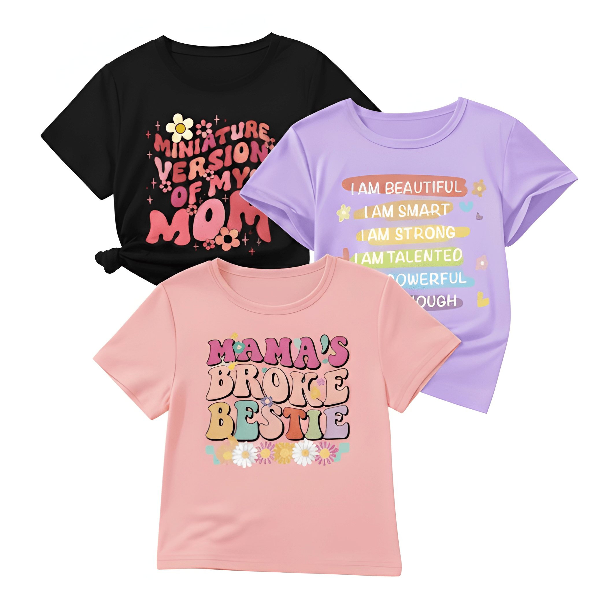 Pack Of 3 Girls Letter Print Short Sleeve T Shirts For Summer