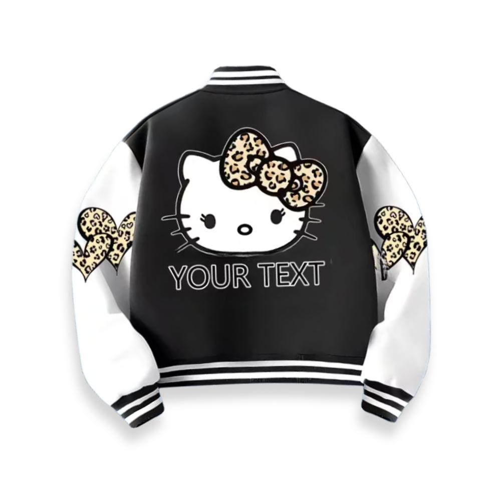 Personalized Hello Kitty Cartoon Leopard Bow Printed Baseball Jacket