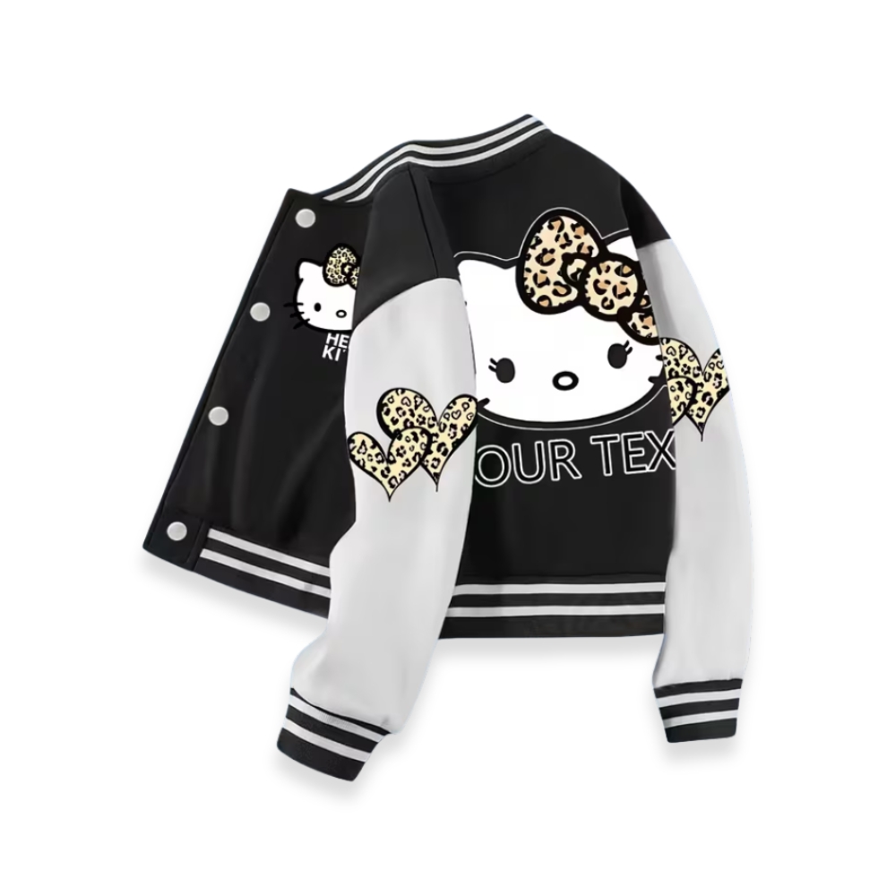 Personalized Hello Kitty Cartoon Leopard Bow Printed Baseball Jacket