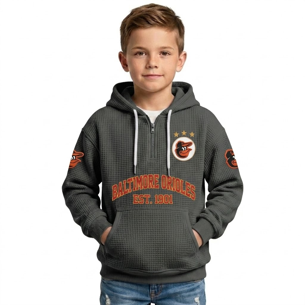 Baltimore Orioles EST 1901 Printed Waffle Quarter Zip Baseball Fan Hoodie For Kids