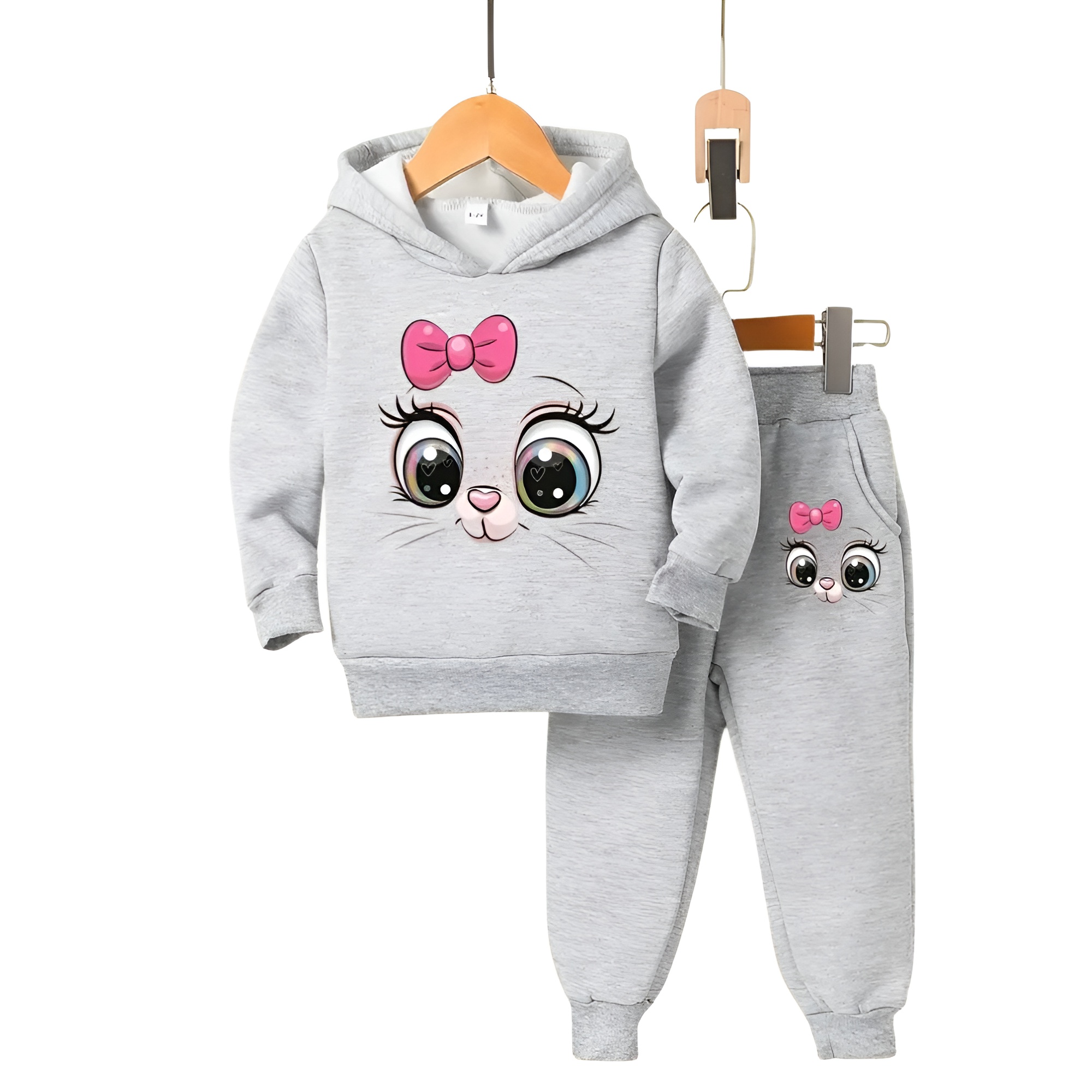 Girls Cartoon Print Hooded Long Sleeve Fleece Sweatshirt Casual Two Piece Set