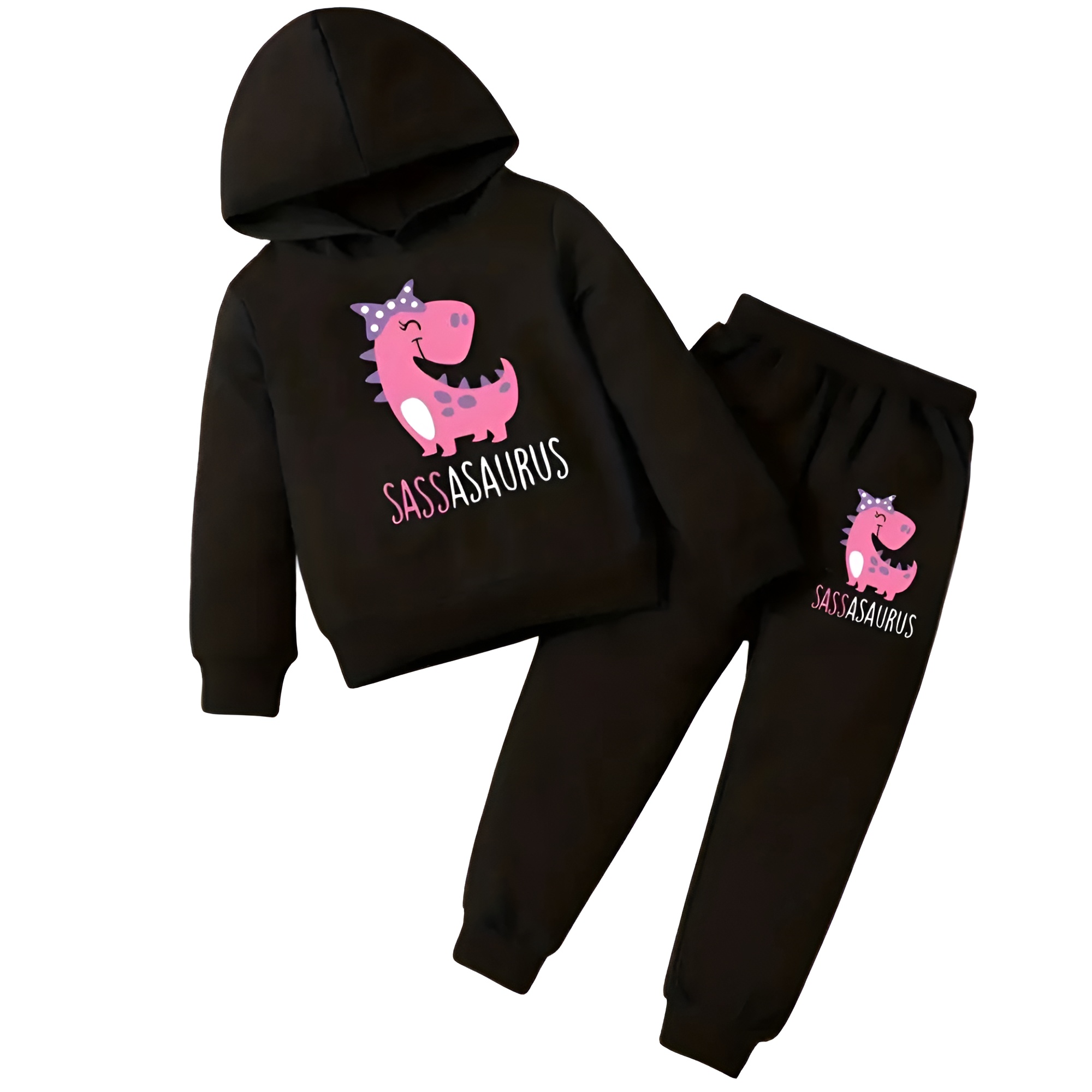 2pcs Baby Girl Cartoon Dinosaur Print Long Sleeve Hooded Fleece Sweatshirt and Pants Set