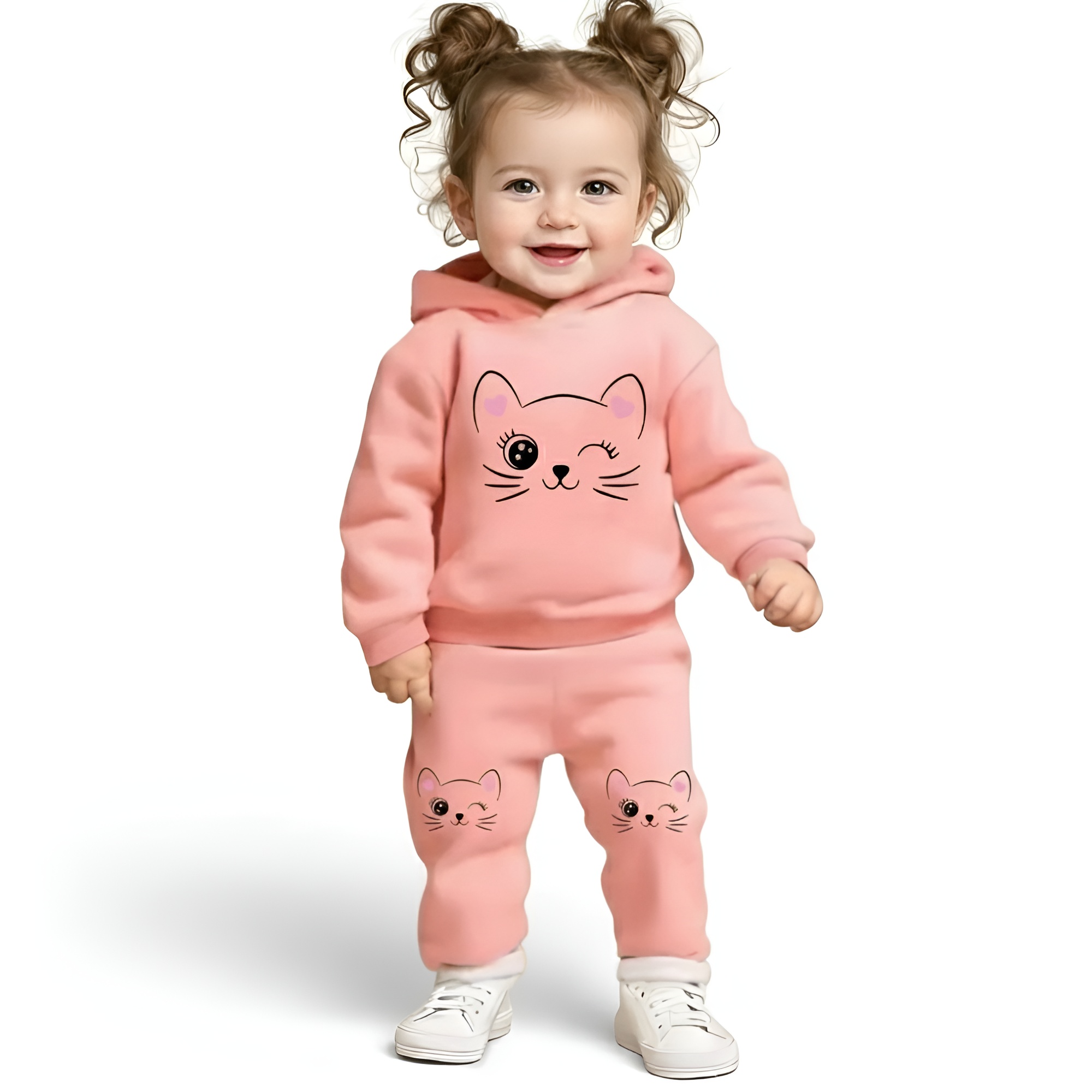 Baby Girl Cartoon Print Hooded Fleece Long Sleeved Sweatshirt Sweatpants Two Piece Set