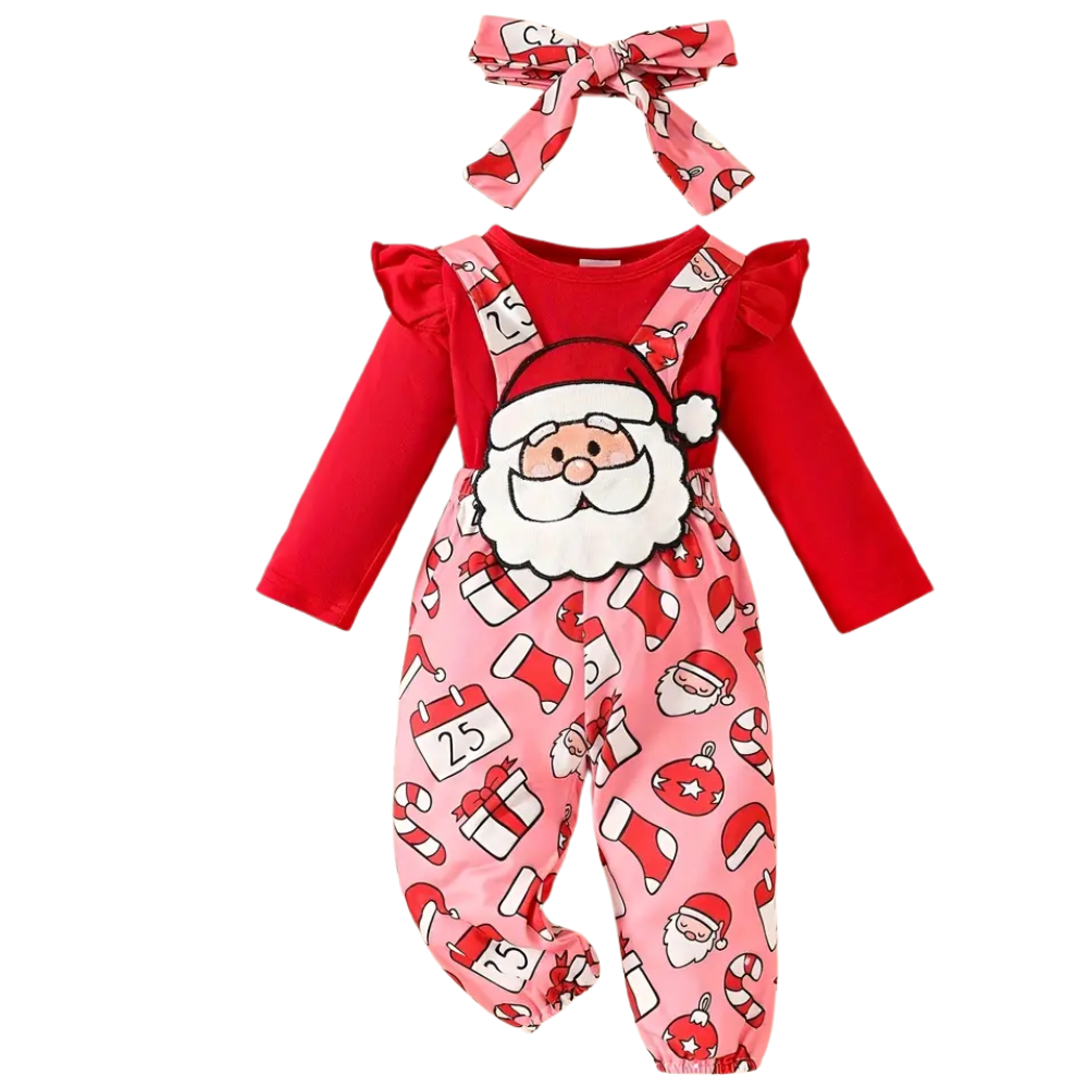 Christmas Themed Top and Pants Outfit Set for Girls with Santa and Gingerbread Design
