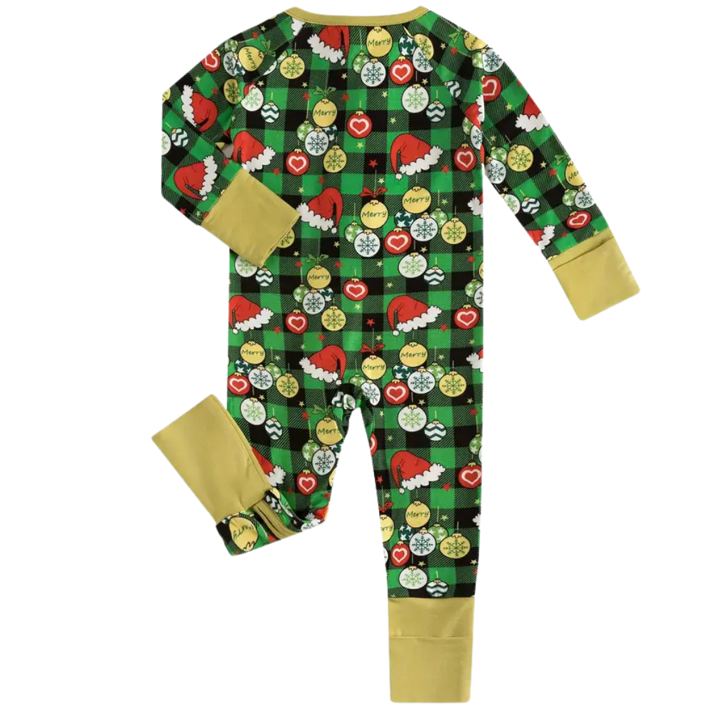 Christmas Romper for Toddlers with Green Plaid and Santa Hat Print