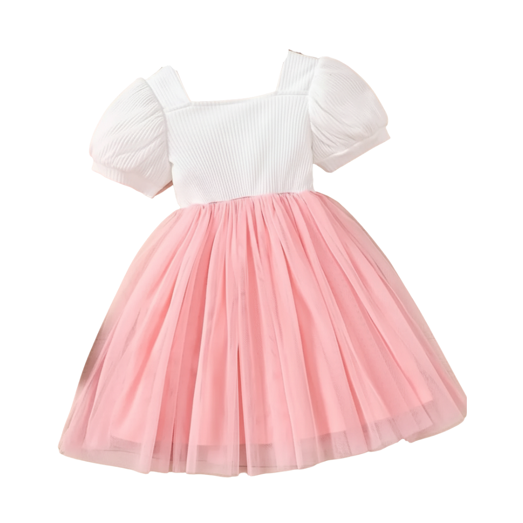 Girls Summer Square Neck Bubble Sleeve Floral Waist Mesh Dress